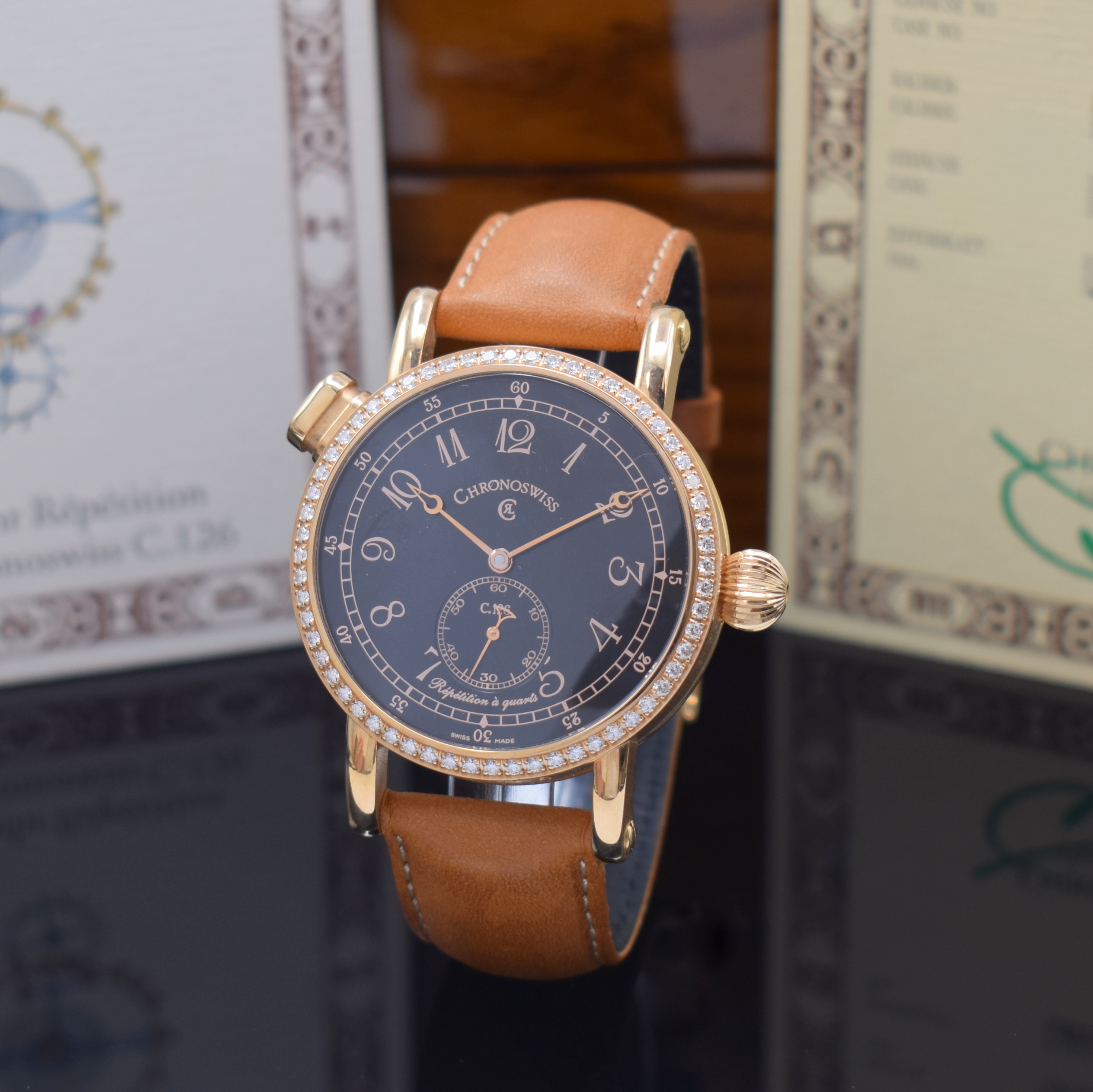 CHRONOSWISS feine und seltene Herrenarmbanduhr Repetition ? Quarts Referenz CH 1641 R, Automatik, massiv RG 750/000 inkl. orig. Lederband m. orig. ...
