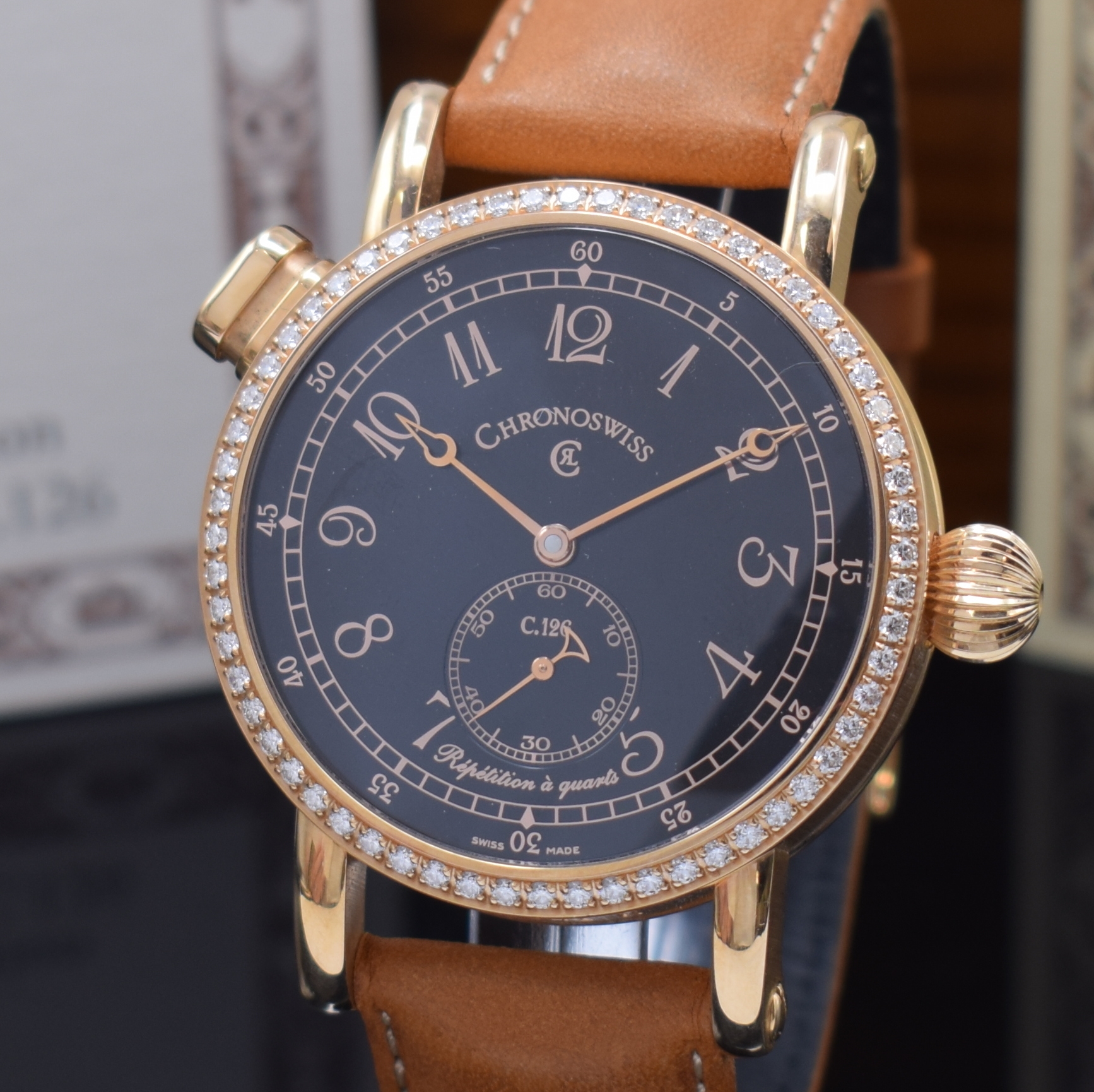 Detail a: CHRONOSWISS feine und seltene Herrenarmbanduhr Repetition ? Quarts Referenz CH 1641 R, Automatik, massiv RG 750/000 inkl. orig. Lederband m. orig. ...