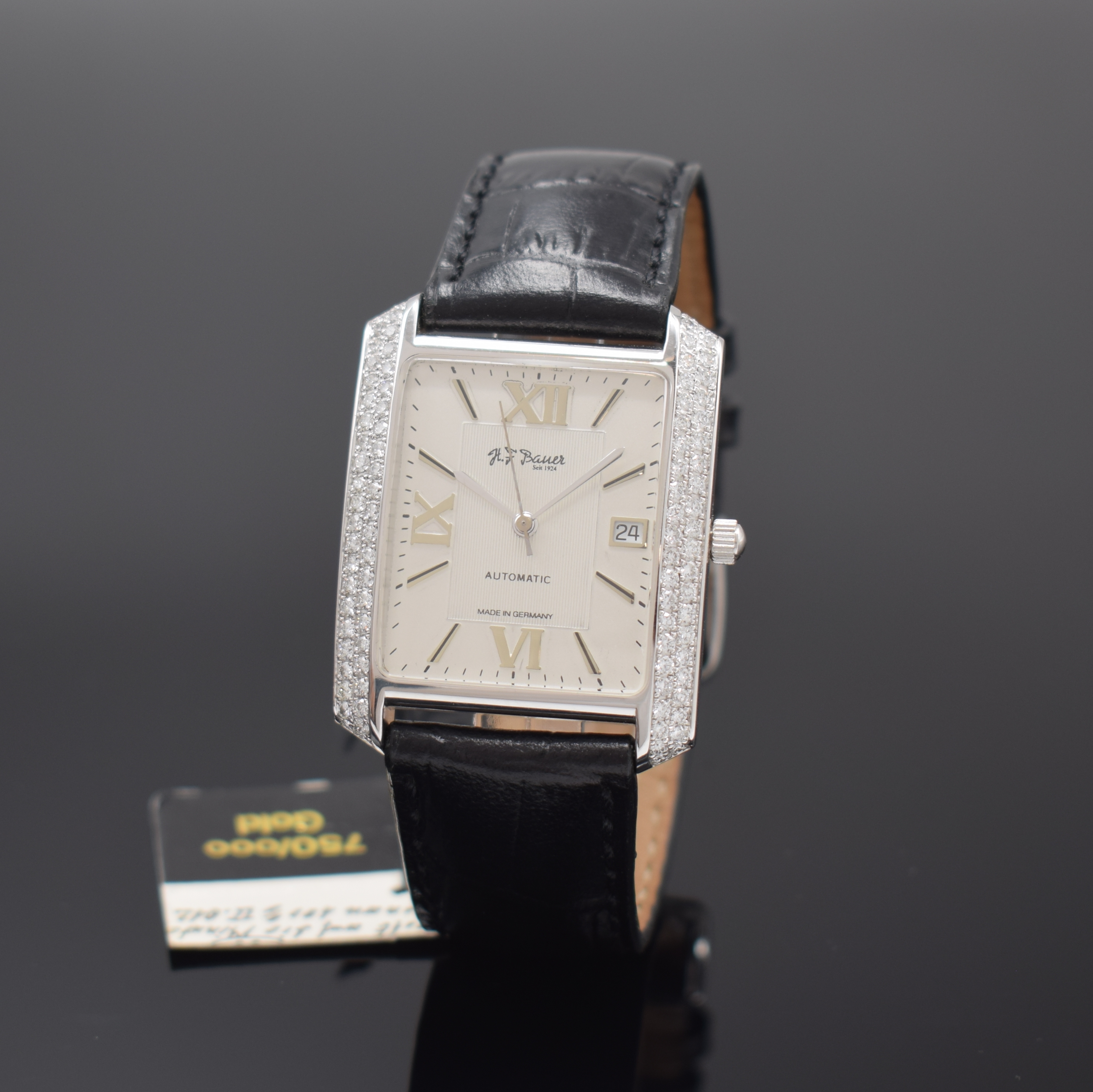 H. F. BAUER feine, mit Brillanten besetzte Armbanduhr in WG 750/000, Automatik, Deutschland/Schweiz um 2000, beids. vergl., Boden aufgedr., silb. ...