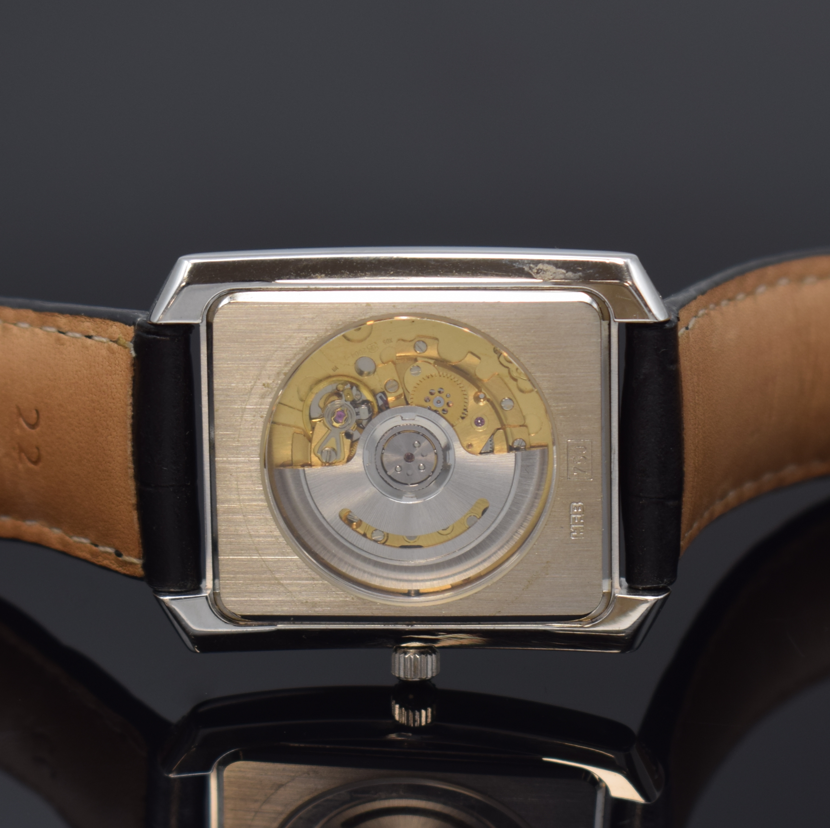 Detail d: H. F. BAUER feine, mit Brillanten besetzte Armbanduhr in WG 750/000, Automatik, Deutschland/Schweiz um 2000, beids. vergl., Boden aufgedr., silb. ...