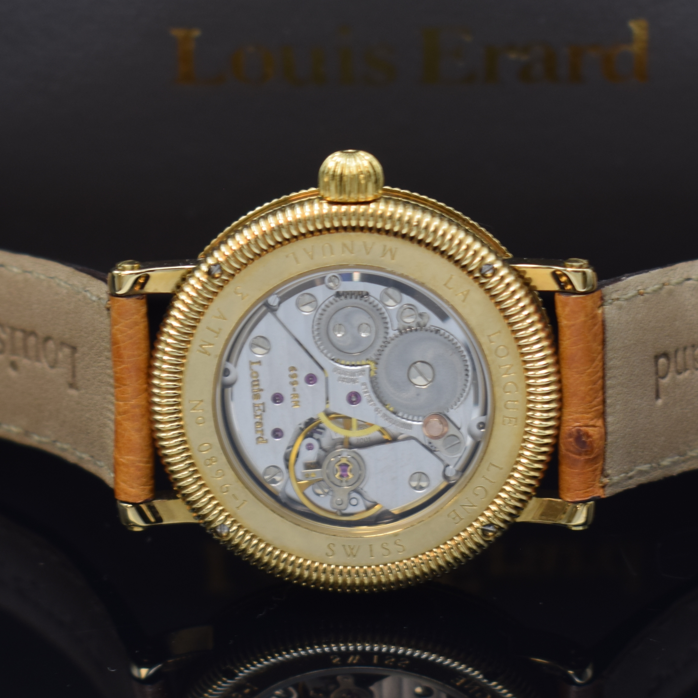 Detail d: LOUIS ERARD Herrenarmbanduhr La Longue Ligne, Handaufzug, Schweiz um 1995, verg. Metallgeh. inkl. orig. Lederband m. orig. Dornschl., beids. vergl., ...