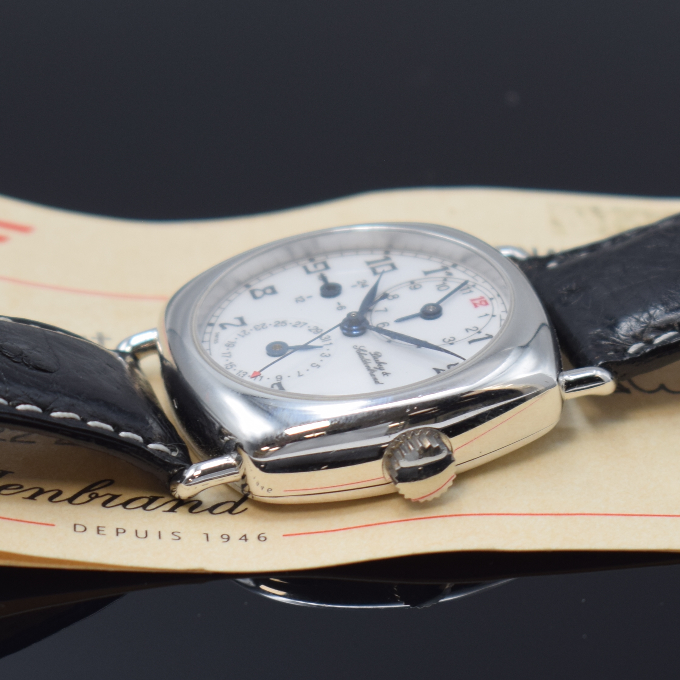 Detail c: DUBEY & SCHALDENBRAND Herrenarmbanduhr Modell Diplomatic, Automatik, Sterlingsilbergeh. inkl. orig. Lederband, Boden 4-fach verschr., emailfarb. ...