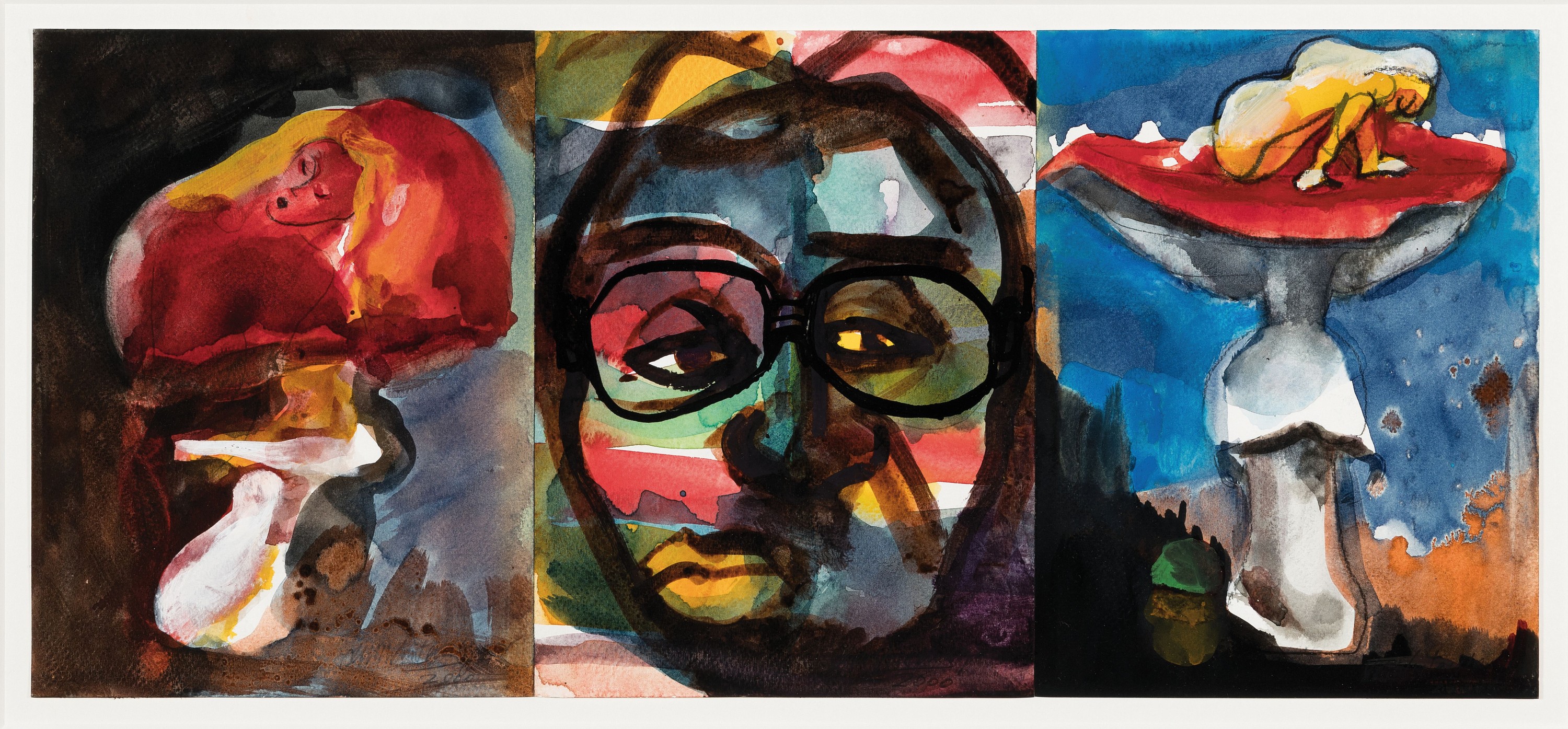 Lambert Maria Wintersberger, 1941-2013, Triptychon mit Pilzen und Gesicht, Aquarelle auf Papier, signiert und dat. 2000, je ca. 24x18cm, also ...