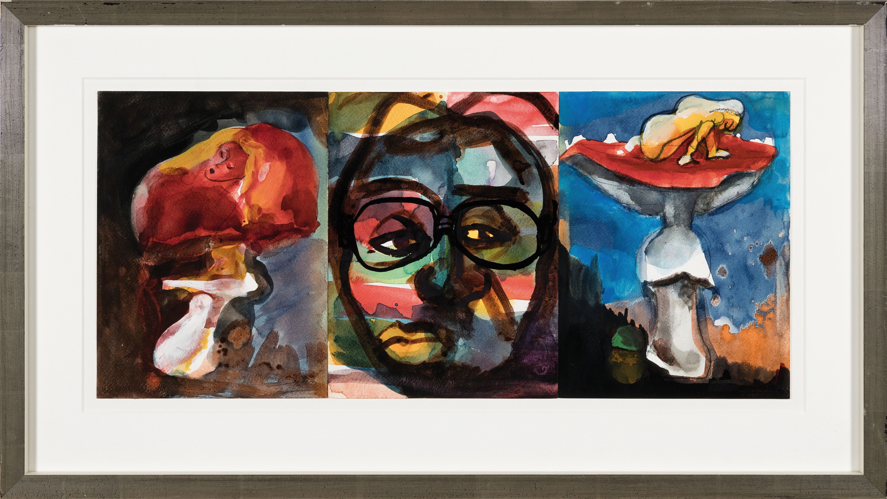 Detail k: Lambert Maria Wintersberger, 1941-2013, Triptychon mit Pilzen und Gesicht, Aquarelle auf Papier, signiert und dat. 2000, je ca. 24x18cm, also ...