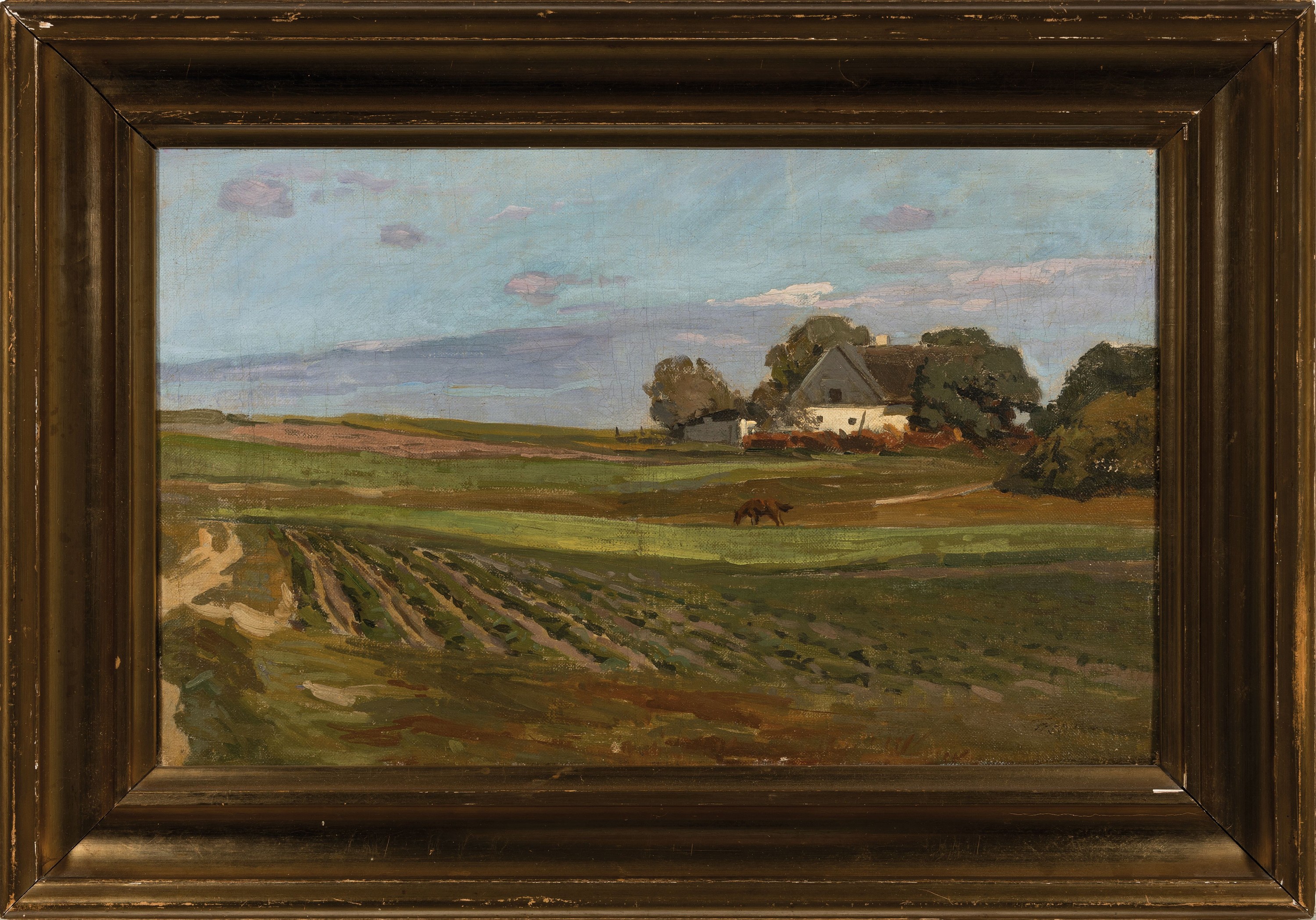 Detail k: Fritz Kraul, 1862 Hamburg-1935 Kopenhagen, Weite Landschaft mit Bauerngehöft, Öl/Lwd, rechts unten signiert, ca. 30x48cm, rückseitig betitelt: ...