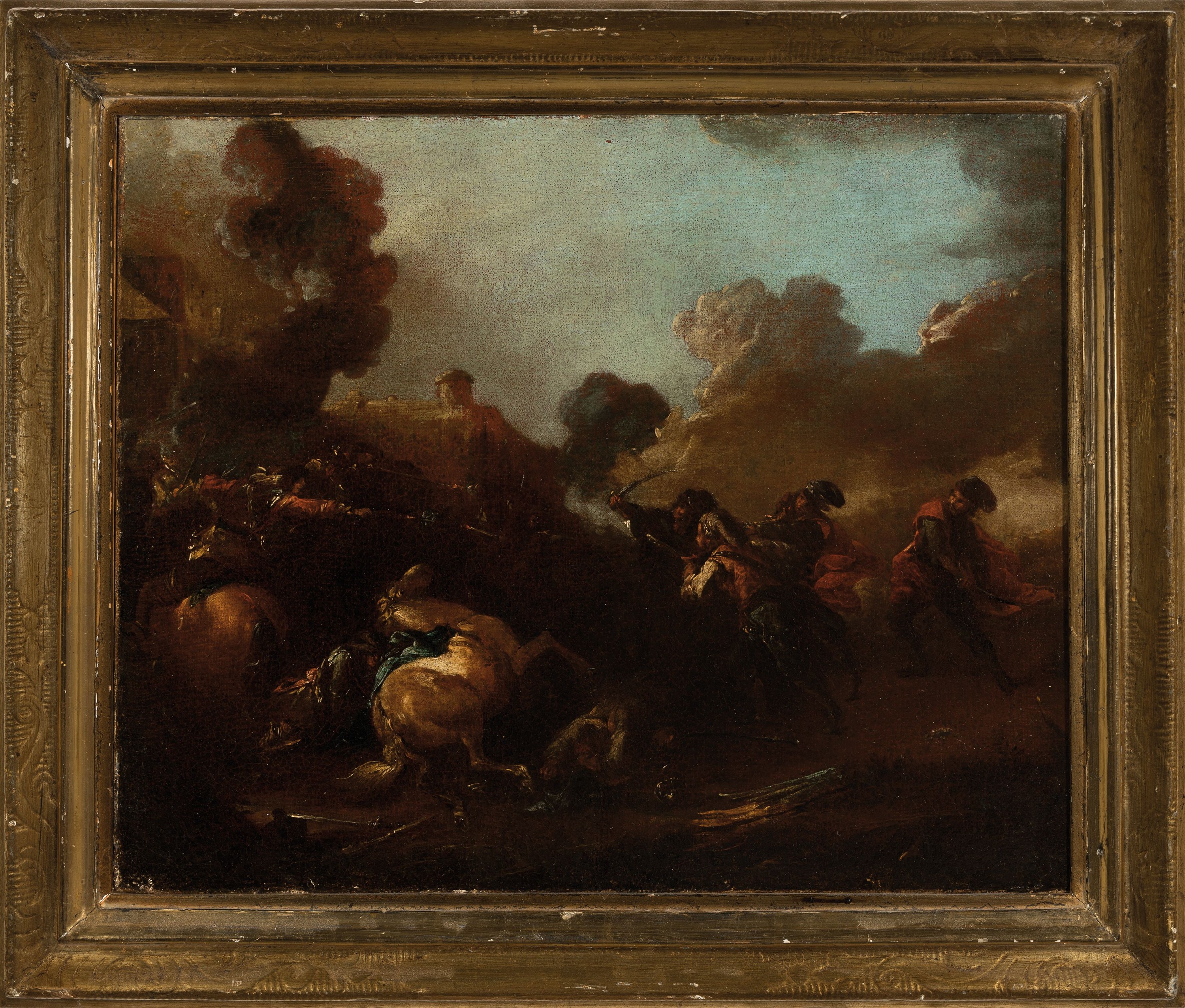 Detail k: Zuschreibung: Georg Philipp Rugendas d.Ä., 1666-1742 Augsburg, vielfigurige Schlachtenszene, wohl aus den Türkenkriegen, Öl/Lwd, rest., doubl., ...