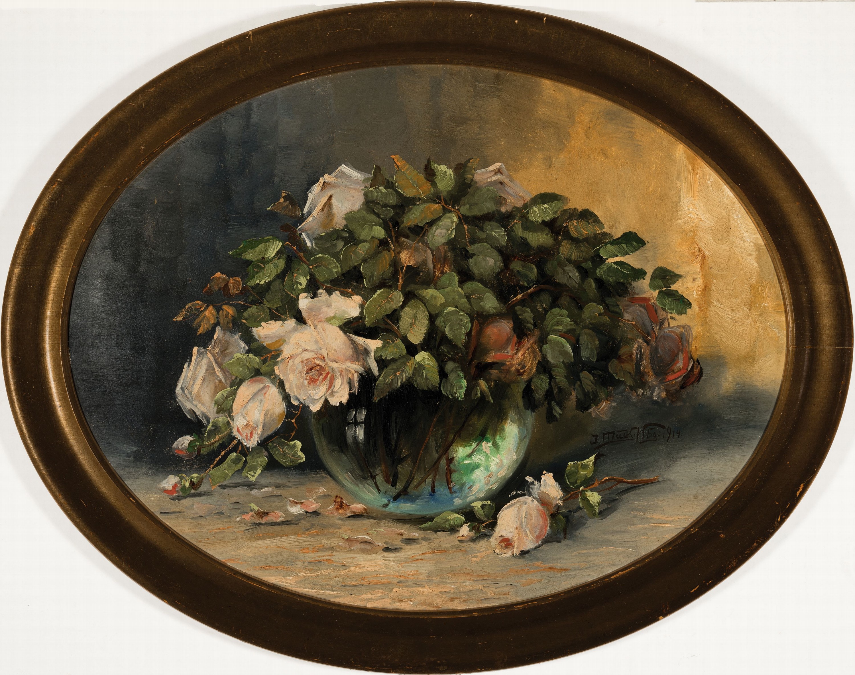 Detail k: Johannes Mück, 1831 Rantzau-1919 Haldersleben,Stillleben mit weißen und roten Rosen, Öl/ Malkarton, seitlich rechts signiert, bez. Hbg und dat. ...