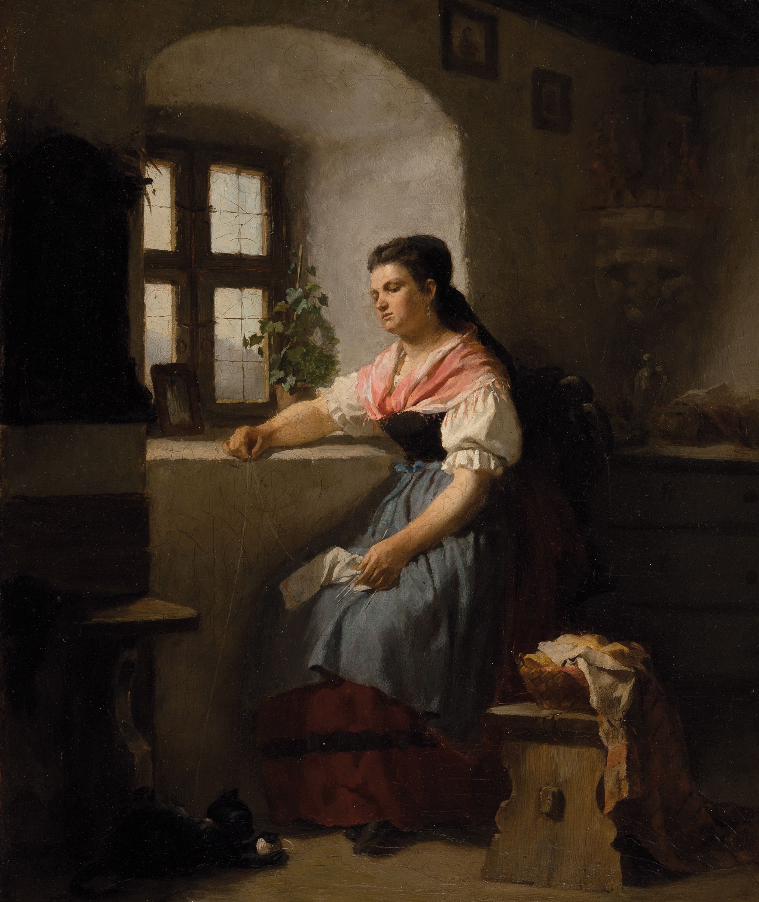 Zuschreibung: Rudolf Epp, 1834 Eberbach am Neckar-1910 München, Junge Frau am Fenster, das Strickzeug in der Hand, zu Ihren Füßen eine Katze mit ...