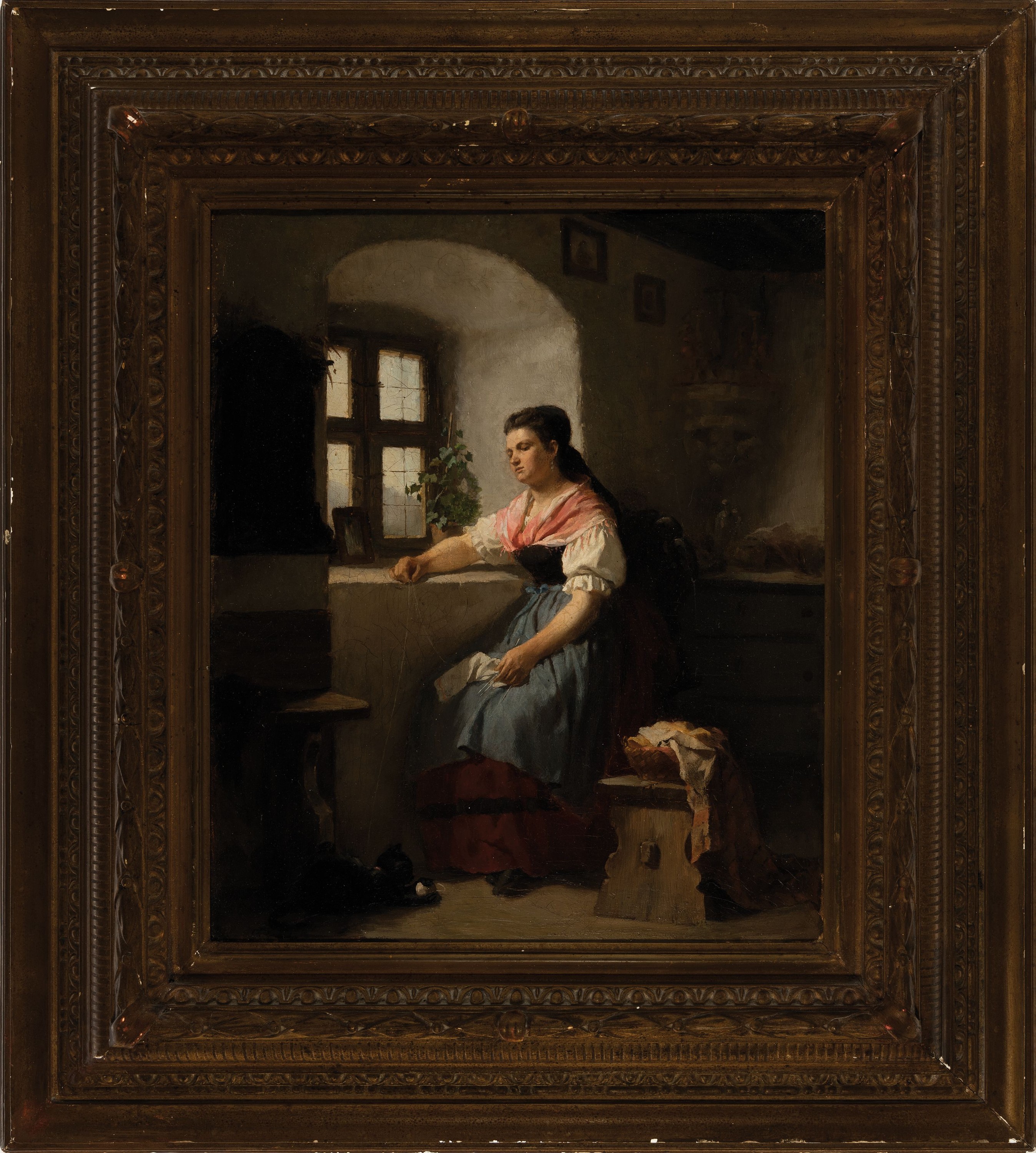 Detail k: Zuschreibung: Rudolf Epp, 1834 Eberbach am Neckar-1910 München, Junge Frau am Fenster, das Strickzeug in der Hand, zu Ihren Füßen eine Katze mit ...