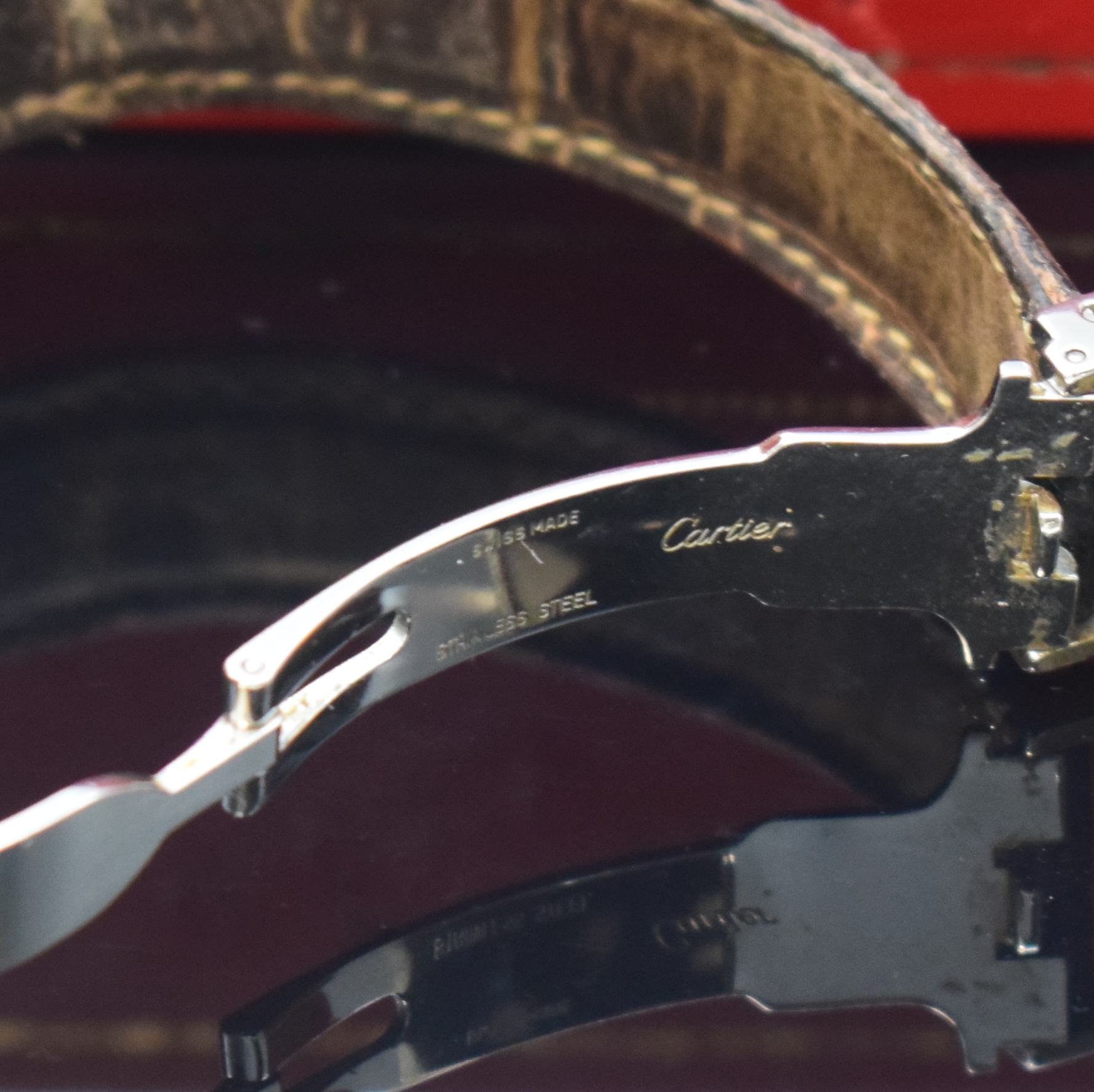 Detail b: CARTIER Panthere Damenarmbanduhr in Stahl/Gold Referenz 1100, quarz, Boden 8-fach verschr., Lederband (zu ers.) m. orig. Faltschl., Schmuckkrone, ...