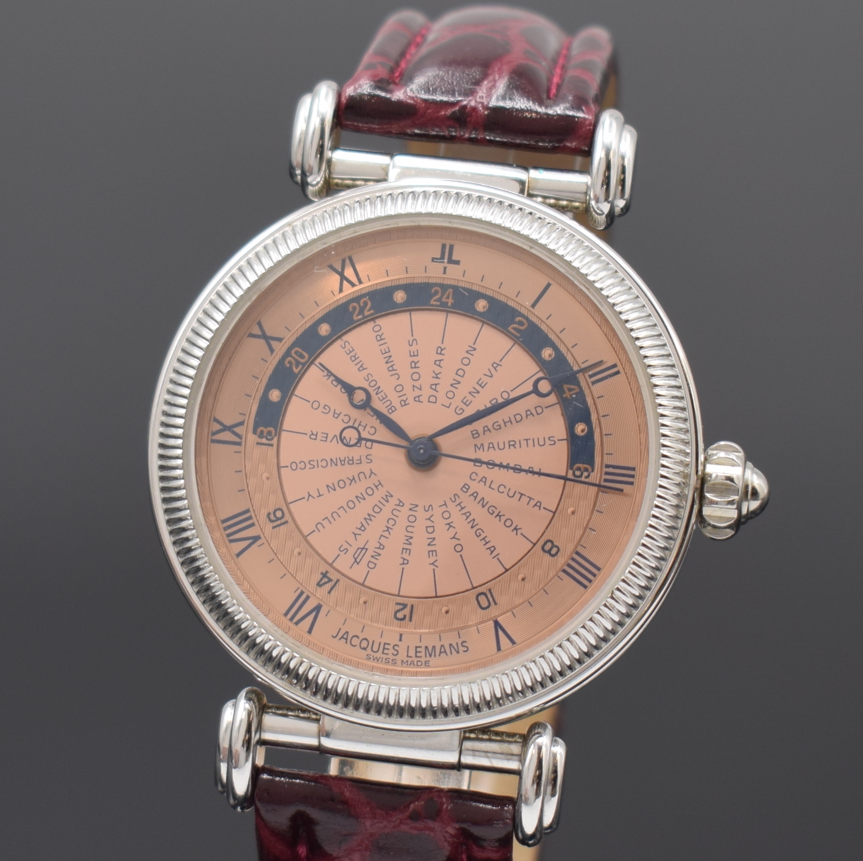 Detail a: JAQUES LEMANS Herrenarmbanduhr Worldtimer Referenz 605, Automatik, Schweiz um 1995, weiss-verg. Metallgeh. inkl. orig. Lederband m.orig. Dornschl., ...