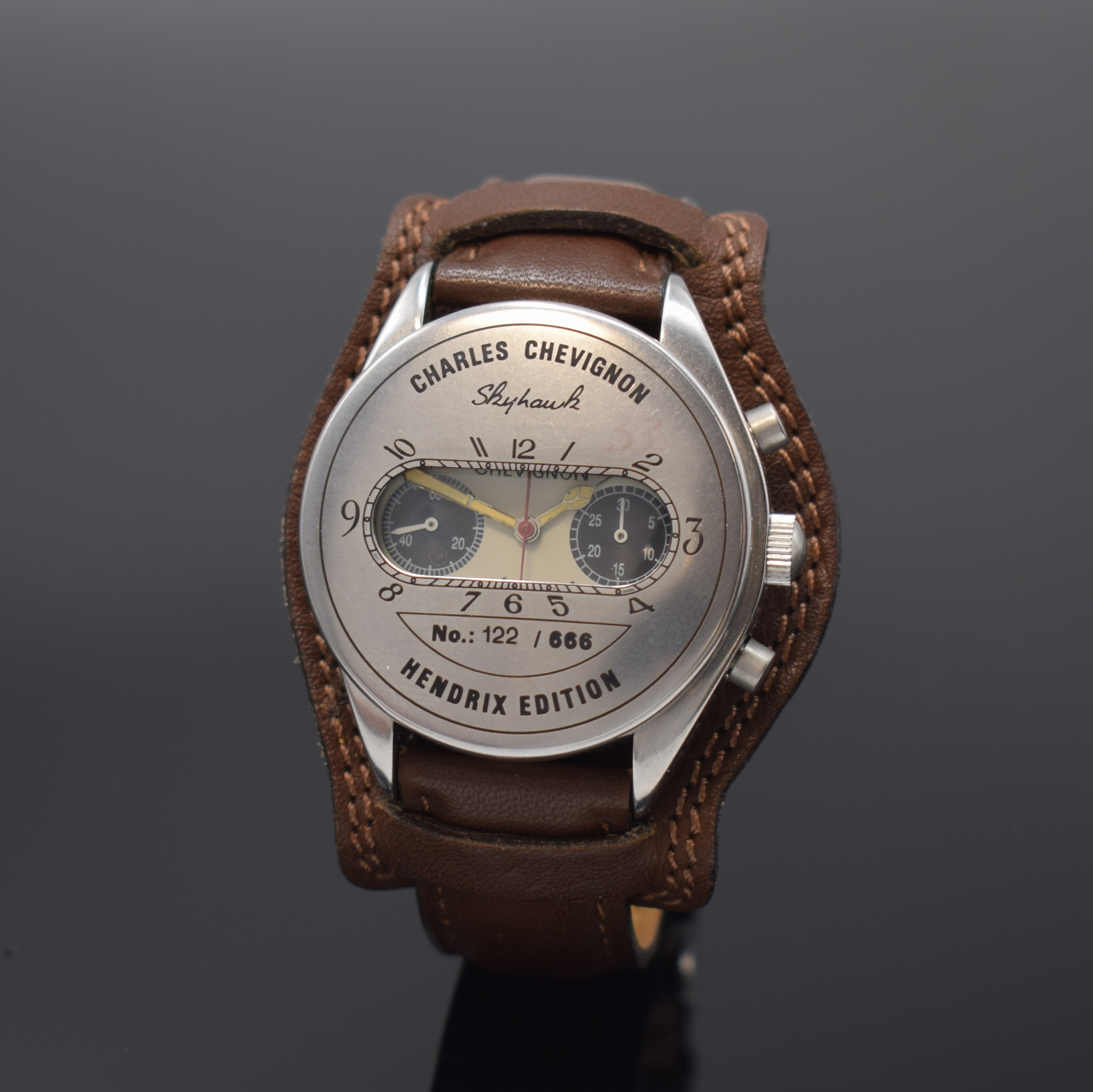 CHARLES CHEVIGNON Hendrix Edition seltener, auf 666 Stück limitierter Armbandchronograph Skyhawk, Handaufzug, Schweiz um 1994, Edelstahlgeh. inkl. ...