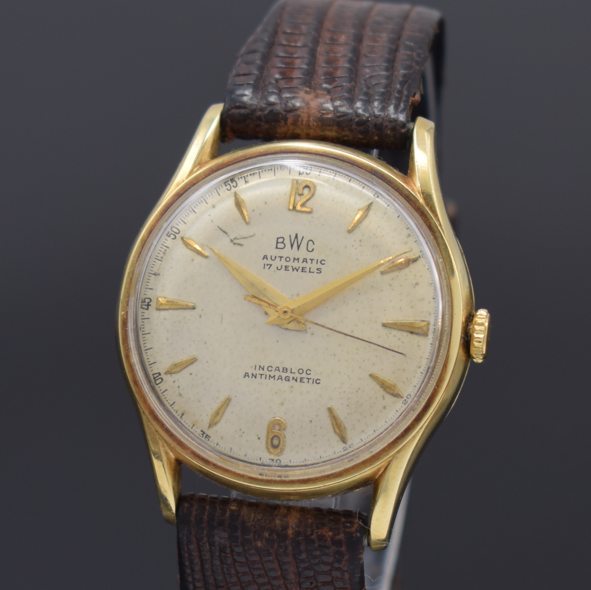 Detail a: BWC Herrenarmbanduhr in GG 585/000, Automatik, Schweiz 1950er Jahre, dell. Boden und Glasrand aufgedr., vers. Zifferbl. mit aufgel. Std.-Zeichen ...