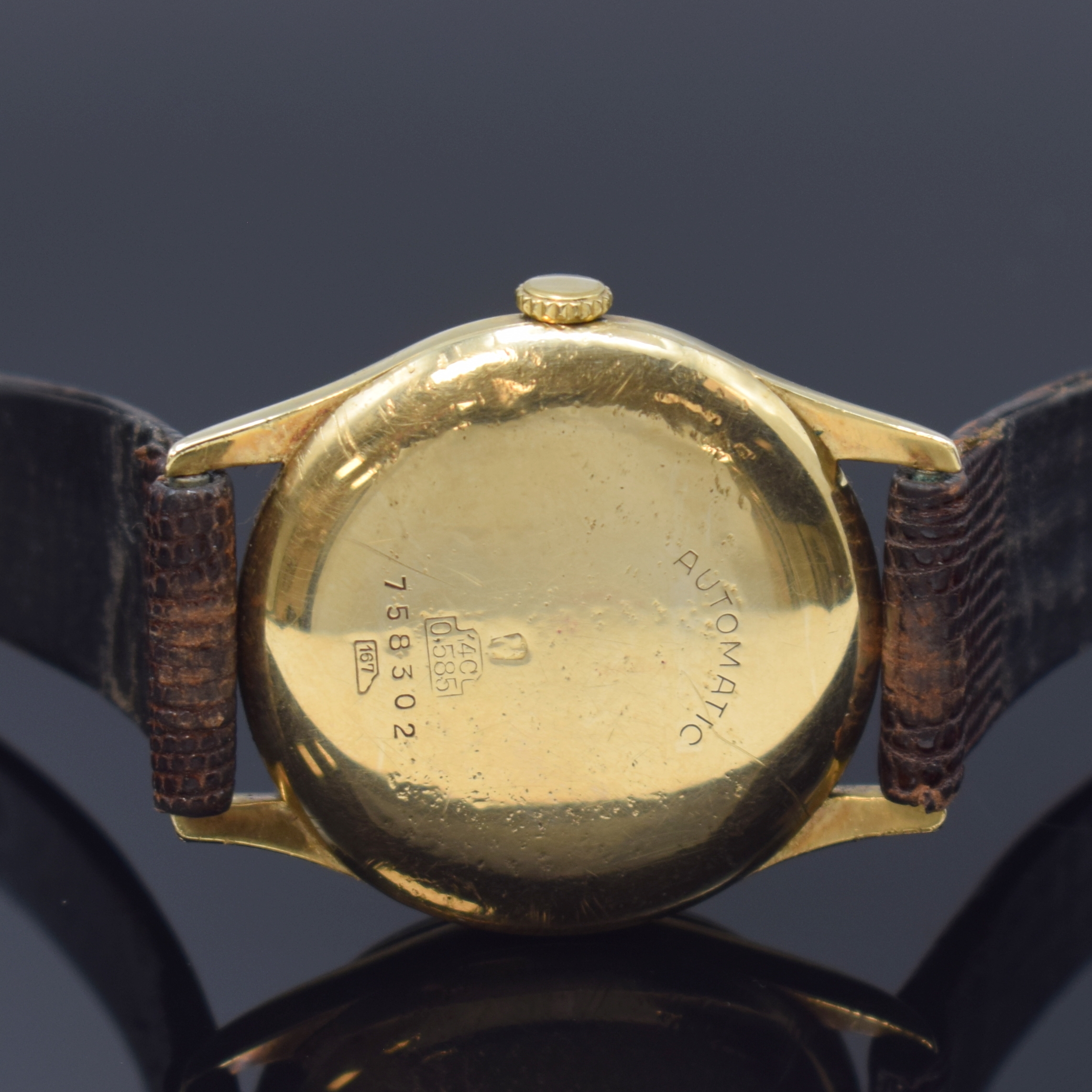 Detail b: BWC Herrenarmbanduhr in GG 585/000, Automatik, Schweiz 1950er Jahre, dell. Boden und Glasrand aufgedr., vers. Zifferbl. mit aufgel. Std.-Zeichen ...