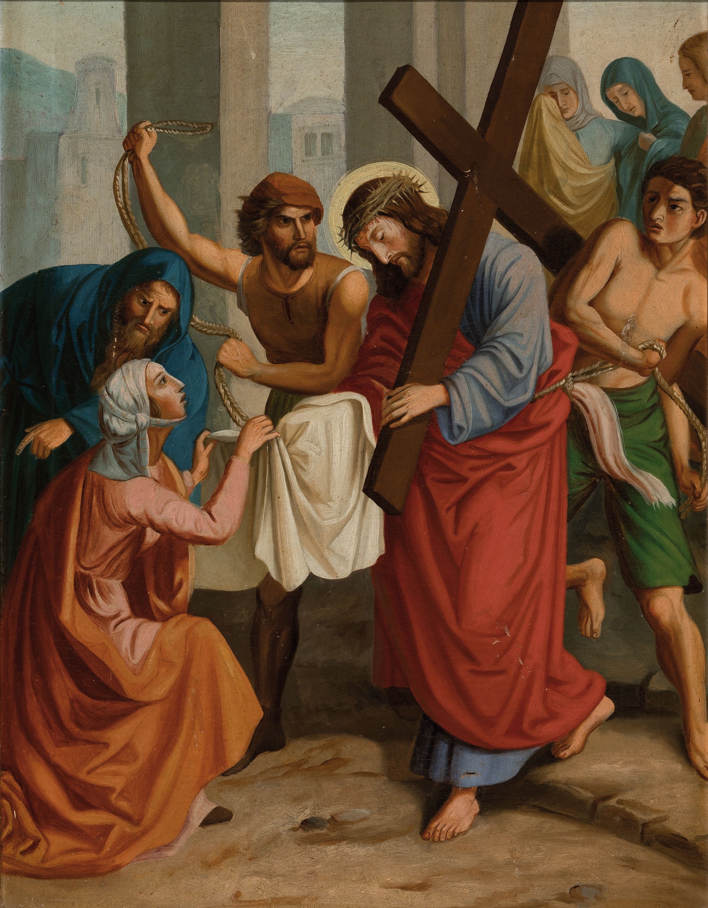 Unbekannter Künstler des 19. Jh., 3 Bilder aus dem Kreuzweg, Christi, Öl/Lwd, je ca. 68x54cm, R. ca, 80x65cm, Rahmen besch.