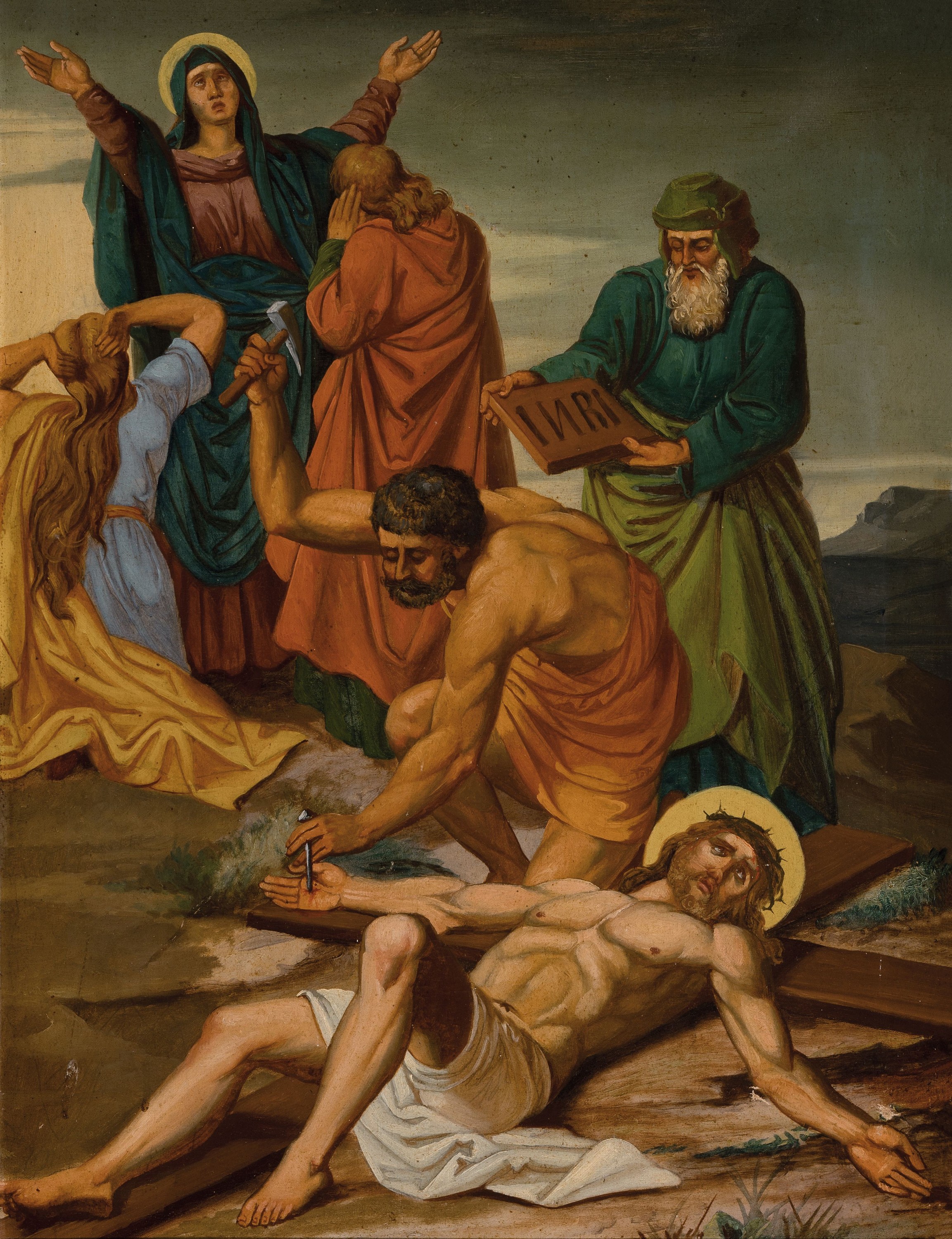 Detail a: Unbekannter Künstler des 19. Jh., 3 Bilder aus dem Kreuzweg, Christi, Öl/Lwd, je ca. 68x54cm, R. ca, 80x65cm, Rahmen besch.
