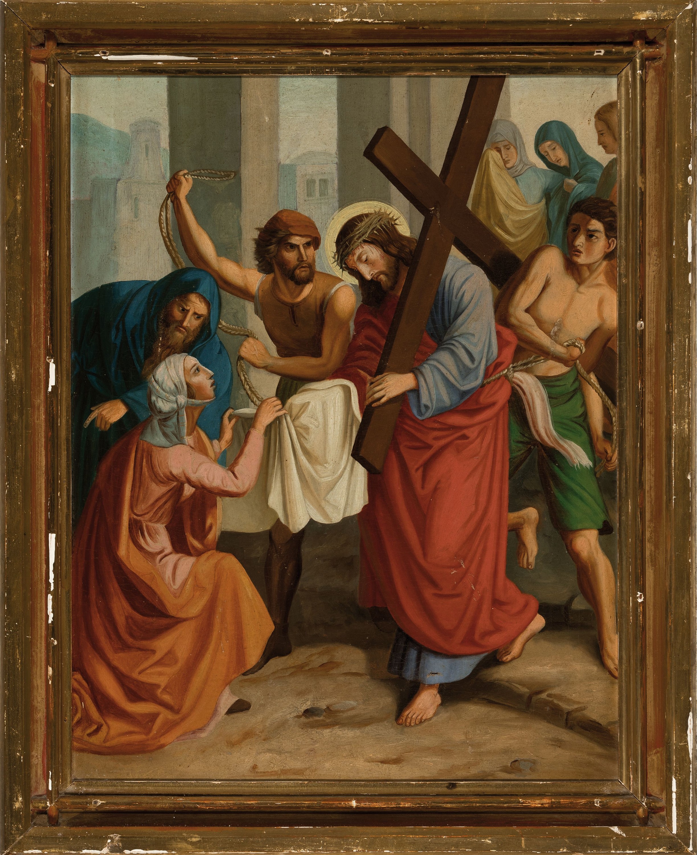 Detail k: Unbekannter Künstler des 19. Jh., 3 Bilder aus dem Kreuzweg, Christi, Öl/Lwd, je ca. 68x54cm, R. ca, 80x65cm, Rahmen besch.