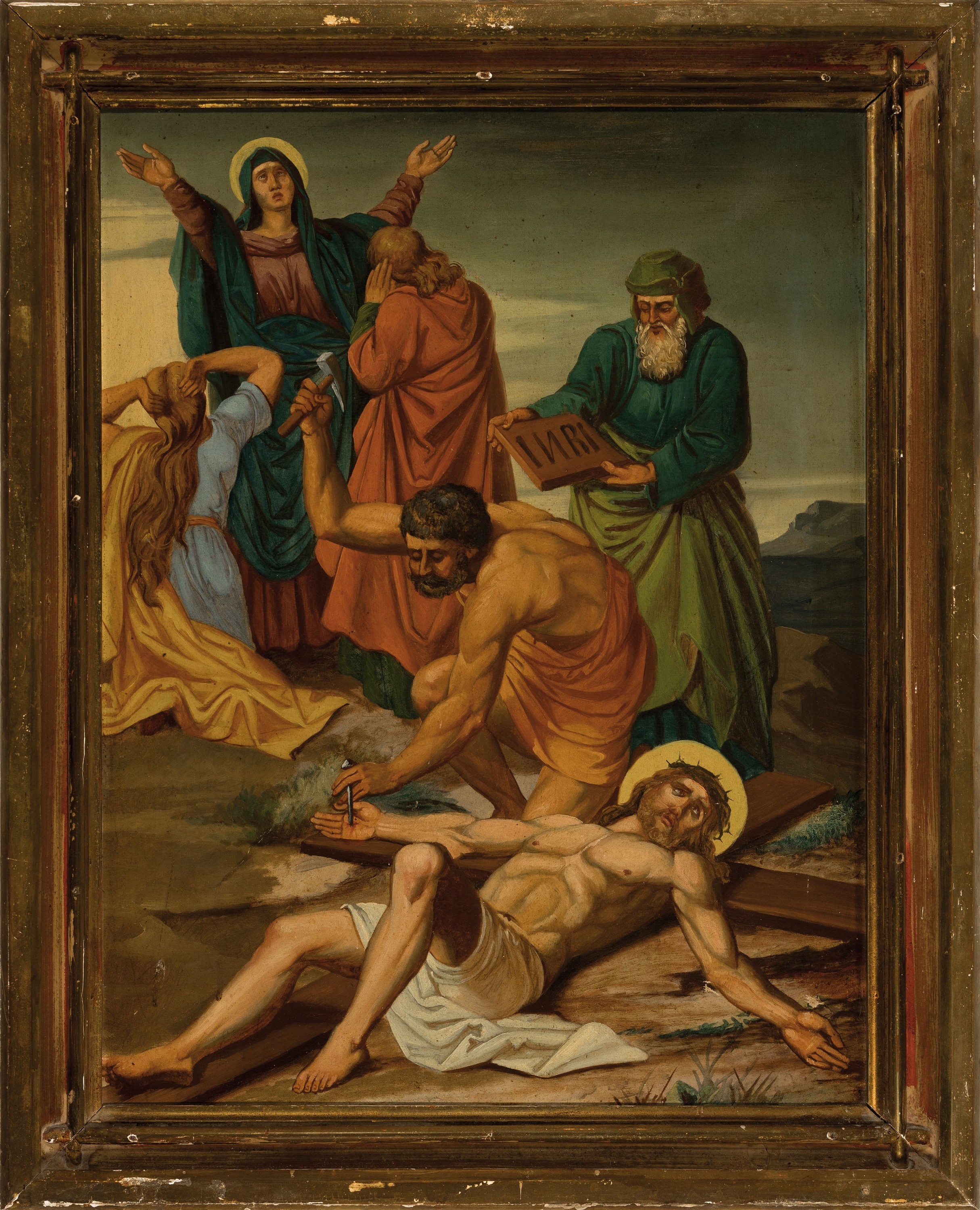 Detail l: Unbekannter Künstler des 19. Jh., 3 Bilder aus dem Kreuzweg, Christi, Öl/Lwd, je ca. 68x54cm, R. ca, 80x65cm, Rahmen besch.