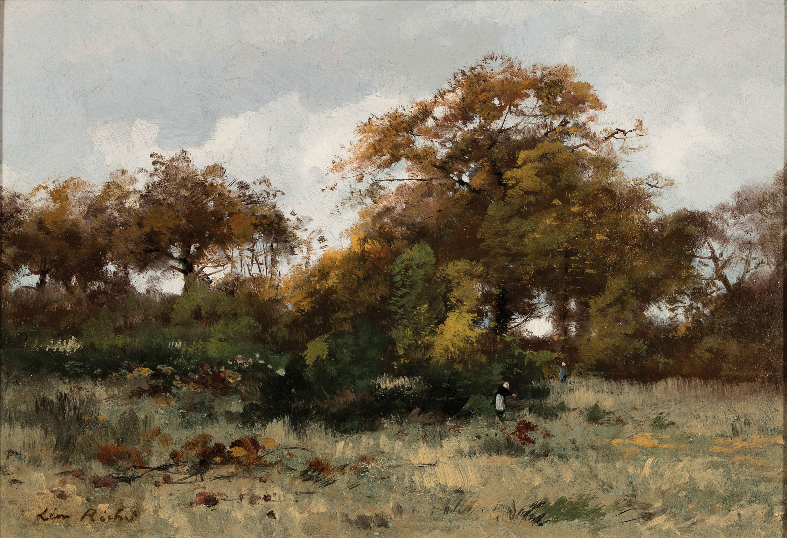 Leon Richet, 1847 Solesmes-1907 Fontainebleau, Baumbestandene Landschaft bei Fontainebleau, Öl/Mahagoni, ca. 23.5x34cm, R. ca. 38x49cm
