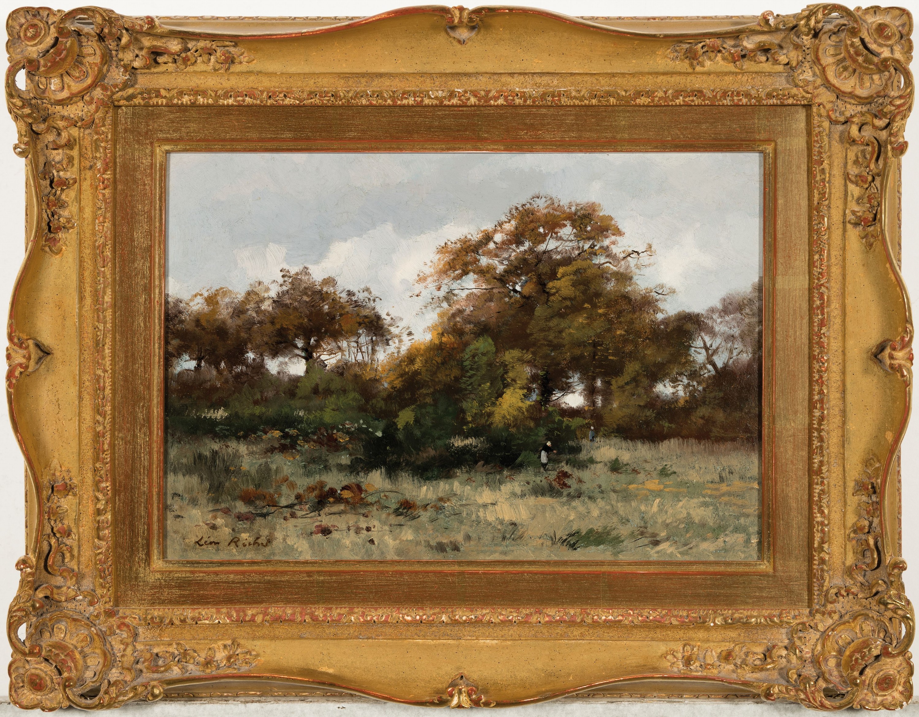 Detail k: Leon Richet, 1847 Solesmes-1907 Fontainebleau, Baumbestandene Landschaft bei Fontainebleau, Öl/Mahagoni, ca. 23.5x34cm, R. ca. 38x49cm