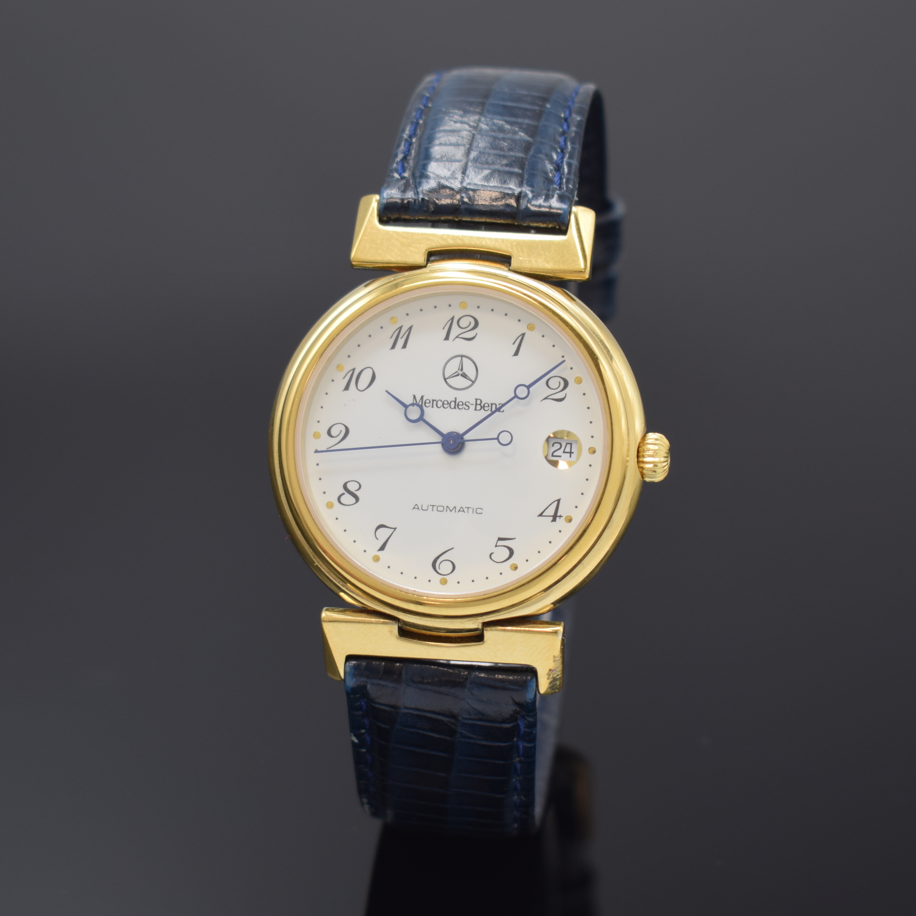 MERCEDES BENZ/GUB Herrenarmbanduhr, Deutschland um 1990, verg. Metallgeh. beids. vergl., Boden aufgedr., bewegl. Bandanst., Anz. v. Std., Min., ...