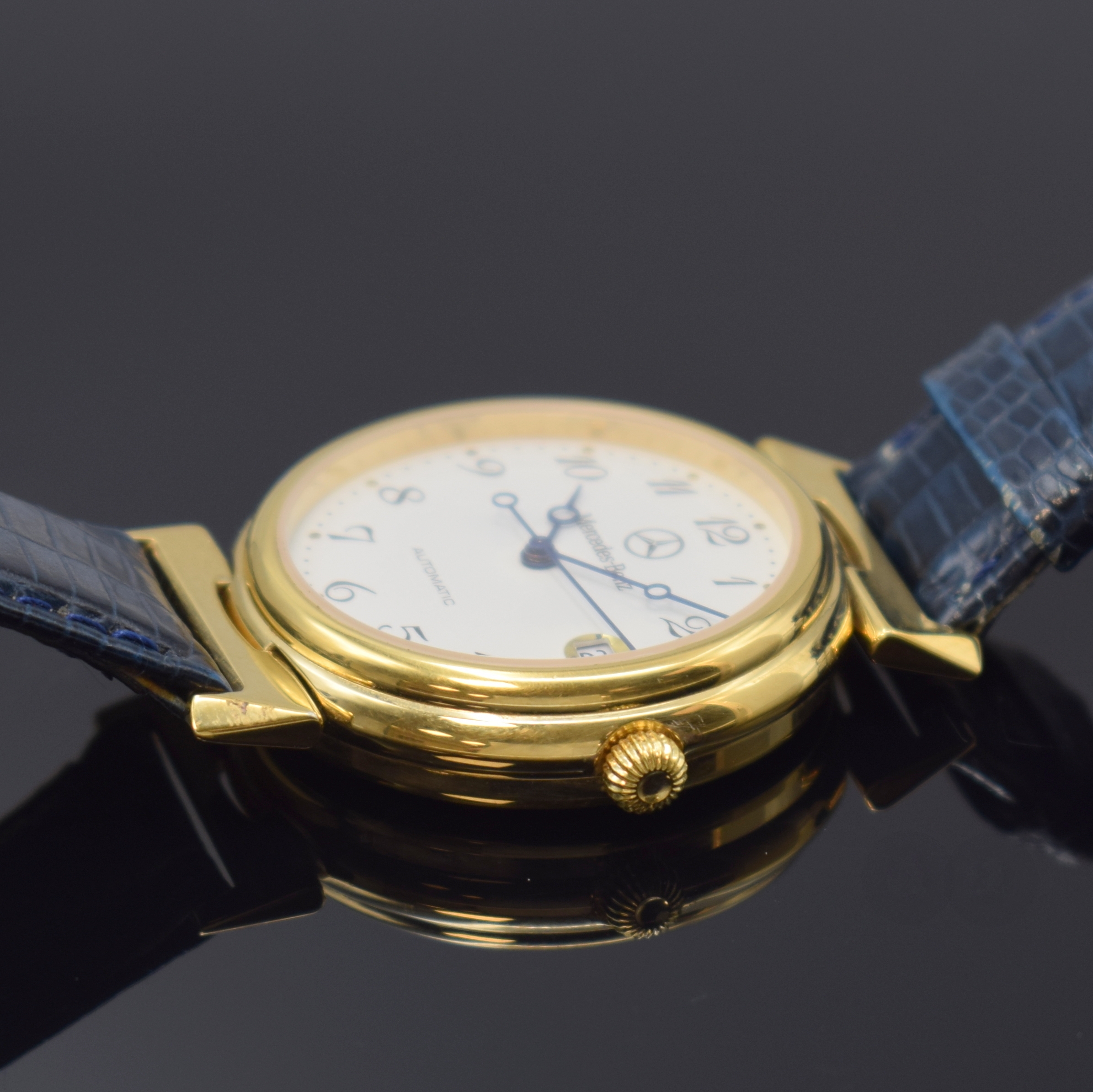 Detail b: MERCEDES BENZ/GUB Herrenarmbanduhr, Deutschland um 1990, verg. Metallgeh. beids. vergl., Boden aufgedr., bewegl. Bandanst., Anz. v. Std., Min., ...