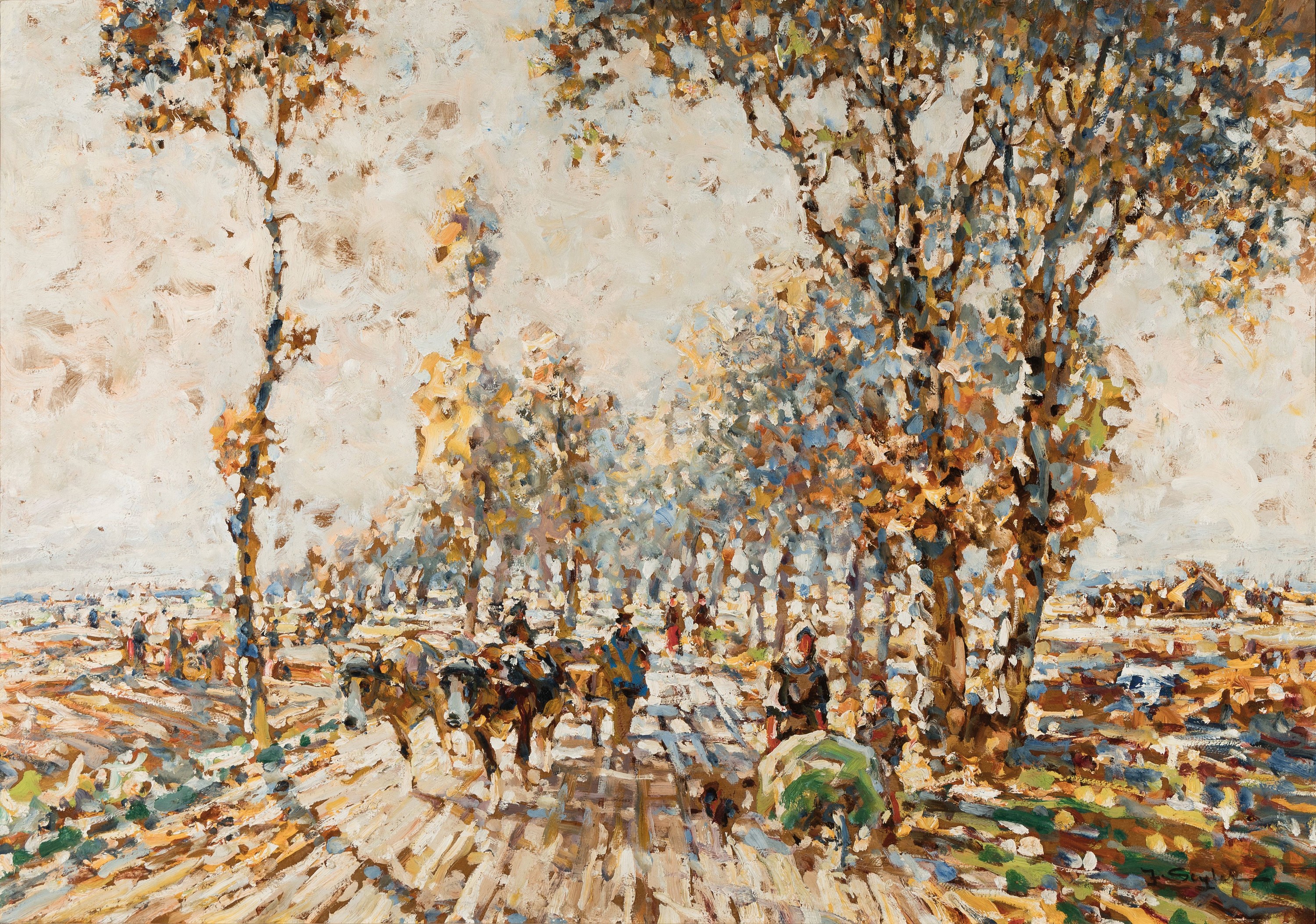Julius Seyler, 1873-1953 München, Auf der Landstrasse von Diessen, Öl/Malkarton, rechts unten sign., frisch gereinigt, ca. 70x100cm, R. ca. 78x108cm