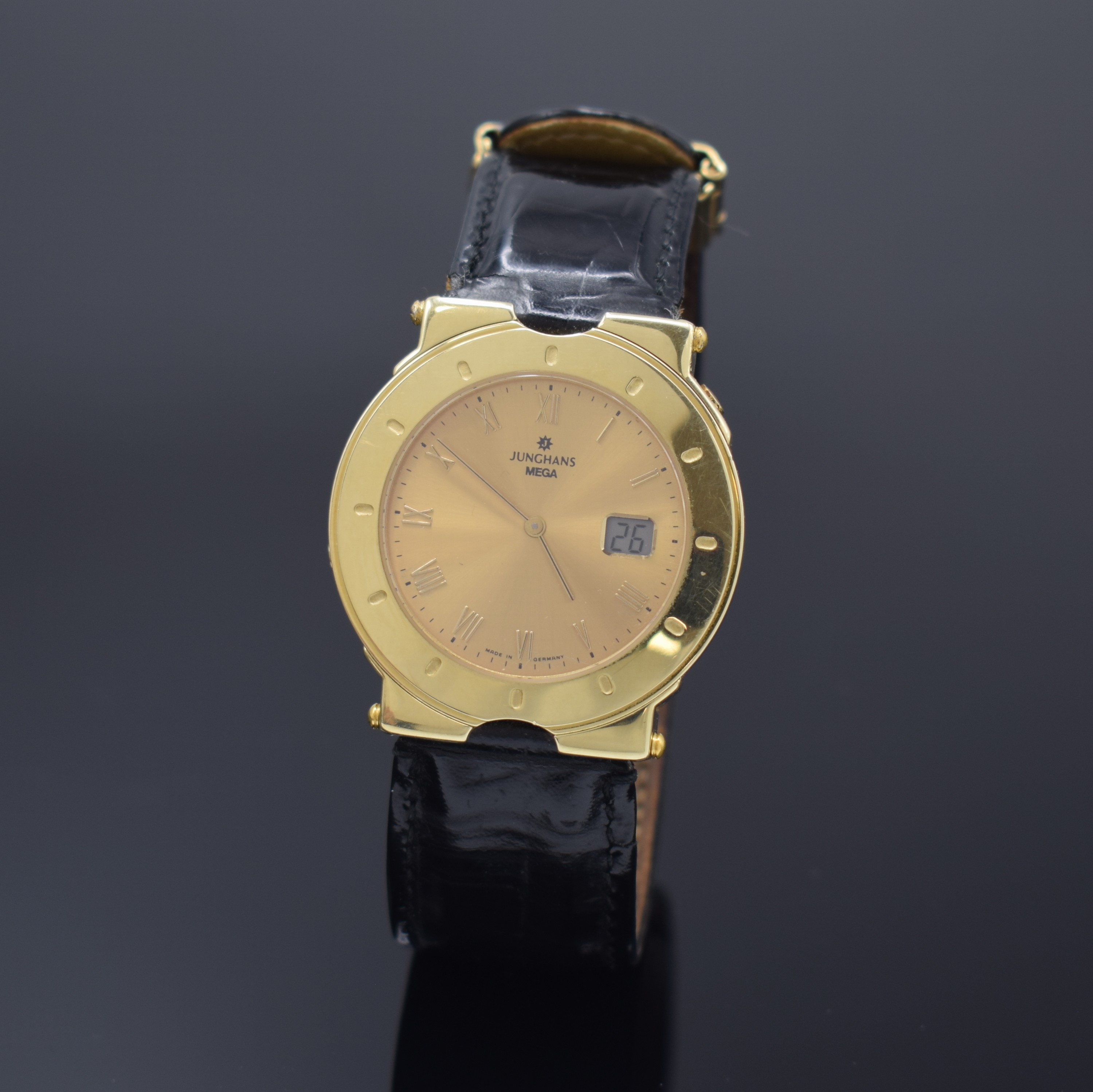 JUNGHANS MEGA Herren-Funkuhr in GG 585/000 Referenz 259110111, Deutschland um 1995, quarz, massives Geh., Glasrand und Boden mit Widmung aufgedr., ...