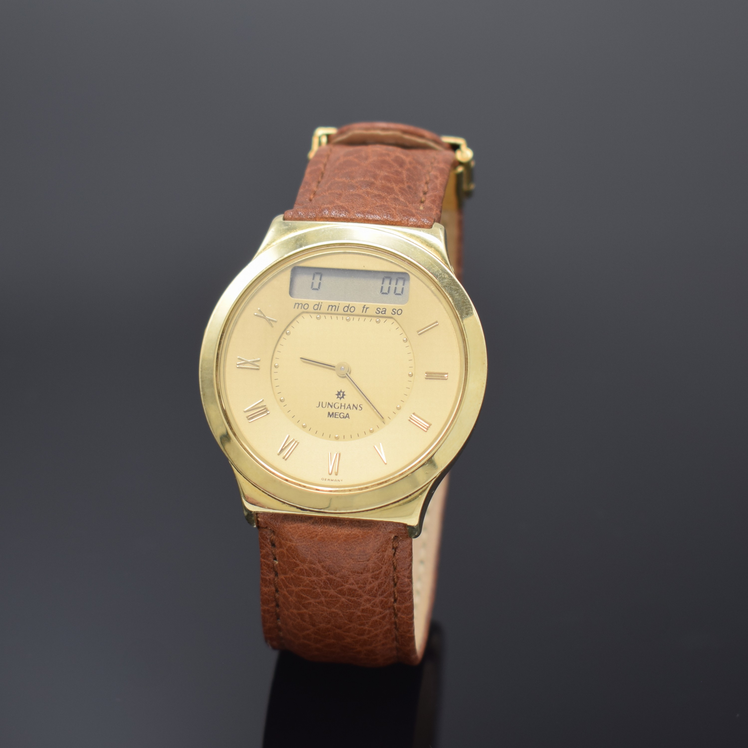 JUNGHANS MEGA Funkuhr in GG 585/000 Referenz 259200204, Deutschland um 1995, quarz, massives Geh., Boden aufgedr., digitale und analoge Anzeige, ...