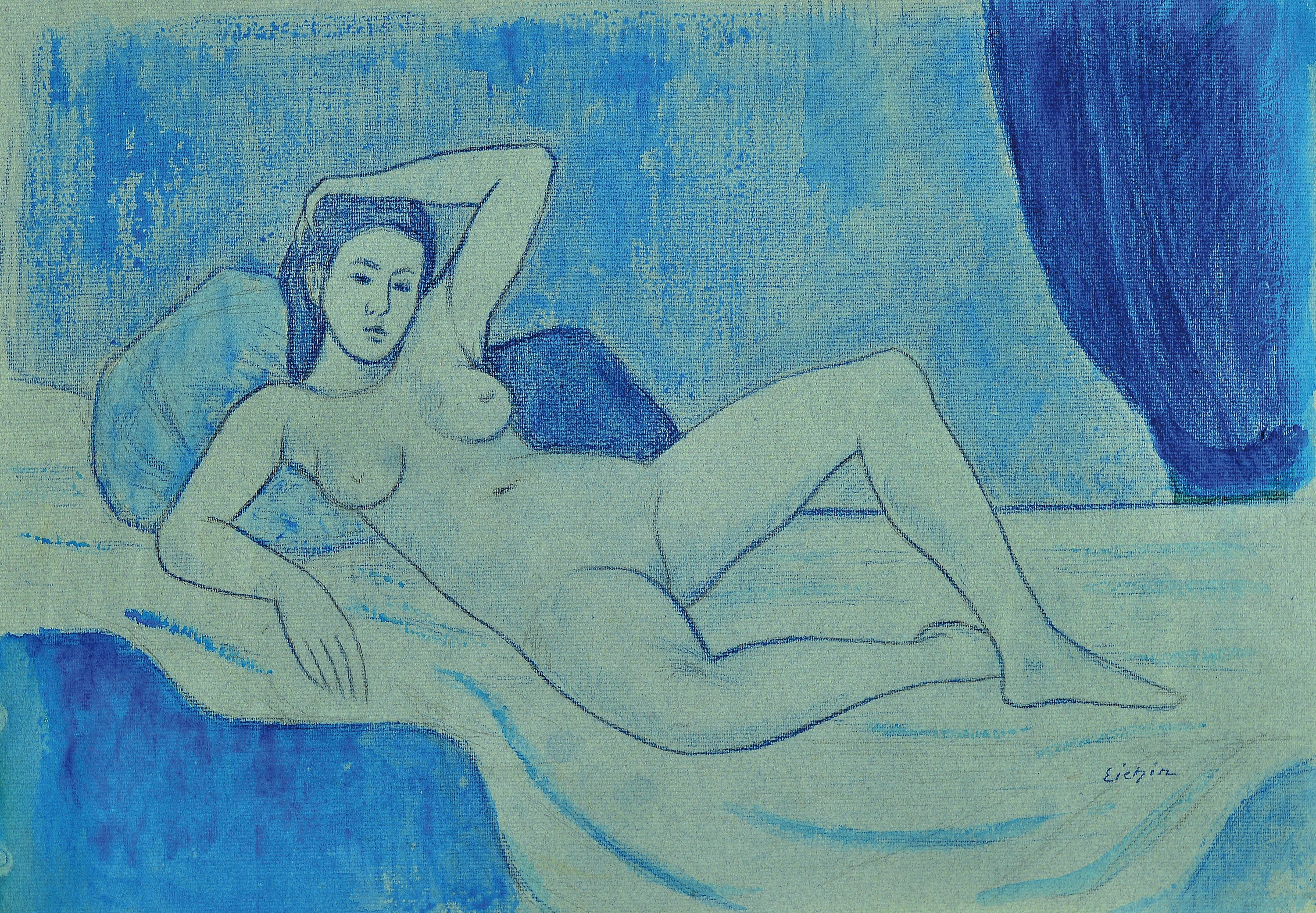 Max Eichin, 1903 Lörrach-1990 Ettlingen, 3 Bleistiftskizzen, Frauenakte, 1x aquarelliert,je handsigniert, ungerahmt, ca. 35x48 cm