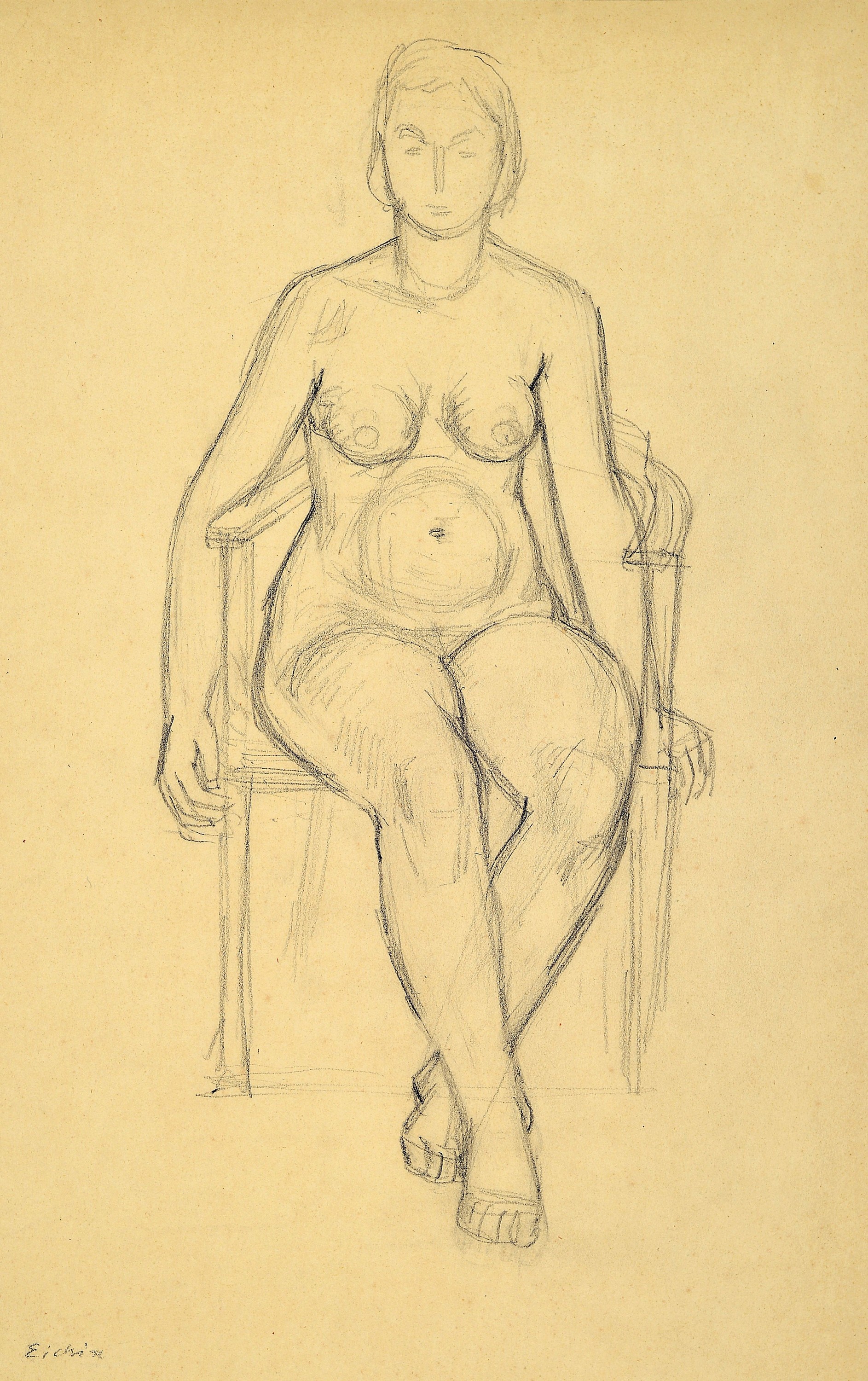 Detail b: Max Eichin, 1903 Lörrach-1990 Ettlingen, 3 Bleistiftskizzen, Frauenakte, 1x aquarelliert,je handsigniert, ungerahmt, ca. 35x48 cm