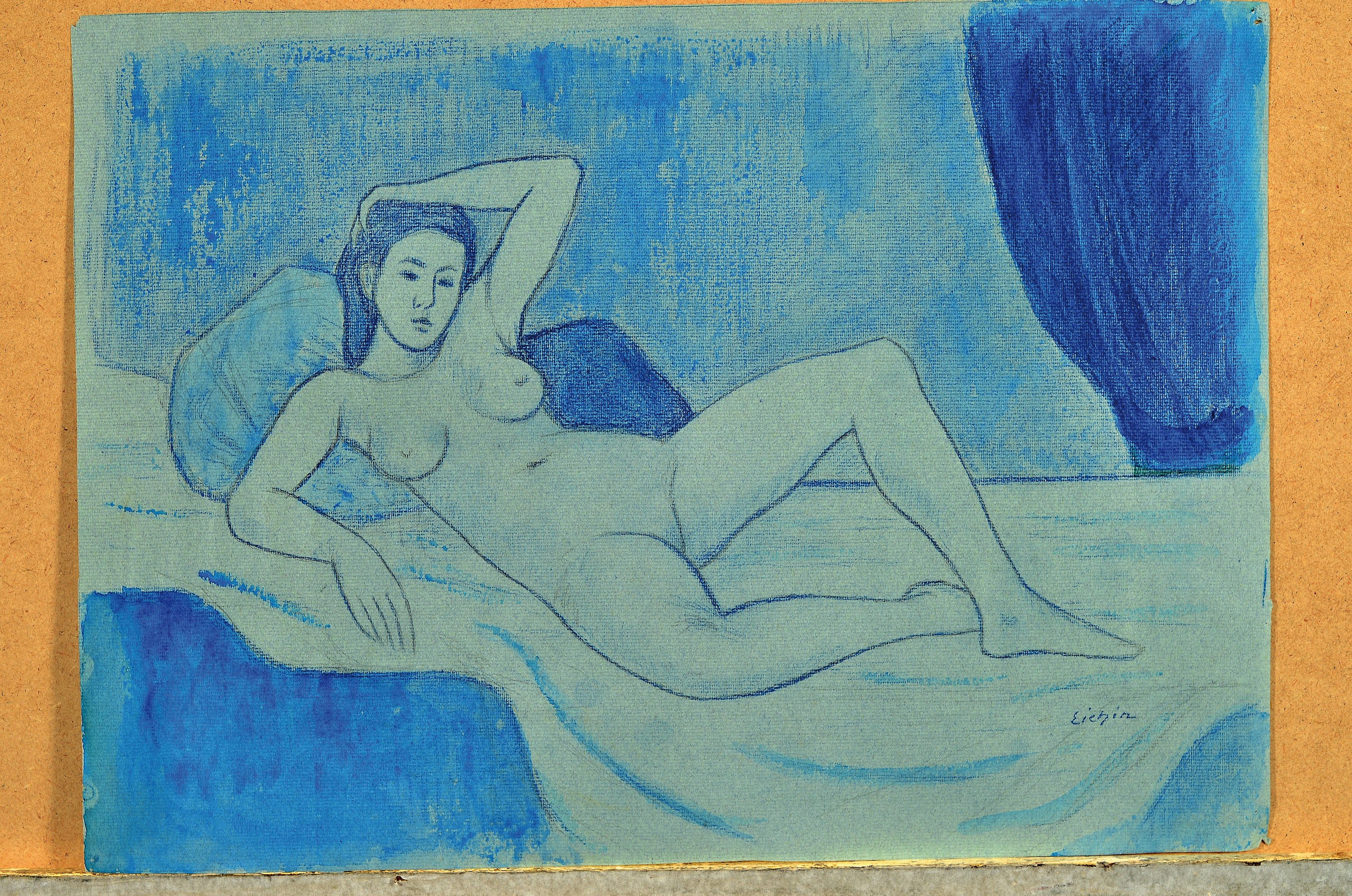 Detail k: Max Eichin, 1903 Lörrach-1990 Ettlingen, 3 Bleistiftskizzen, Frauenakte, 1x aquarelliert,je handsigniert, ungerahmt, ca. 35x48 cm