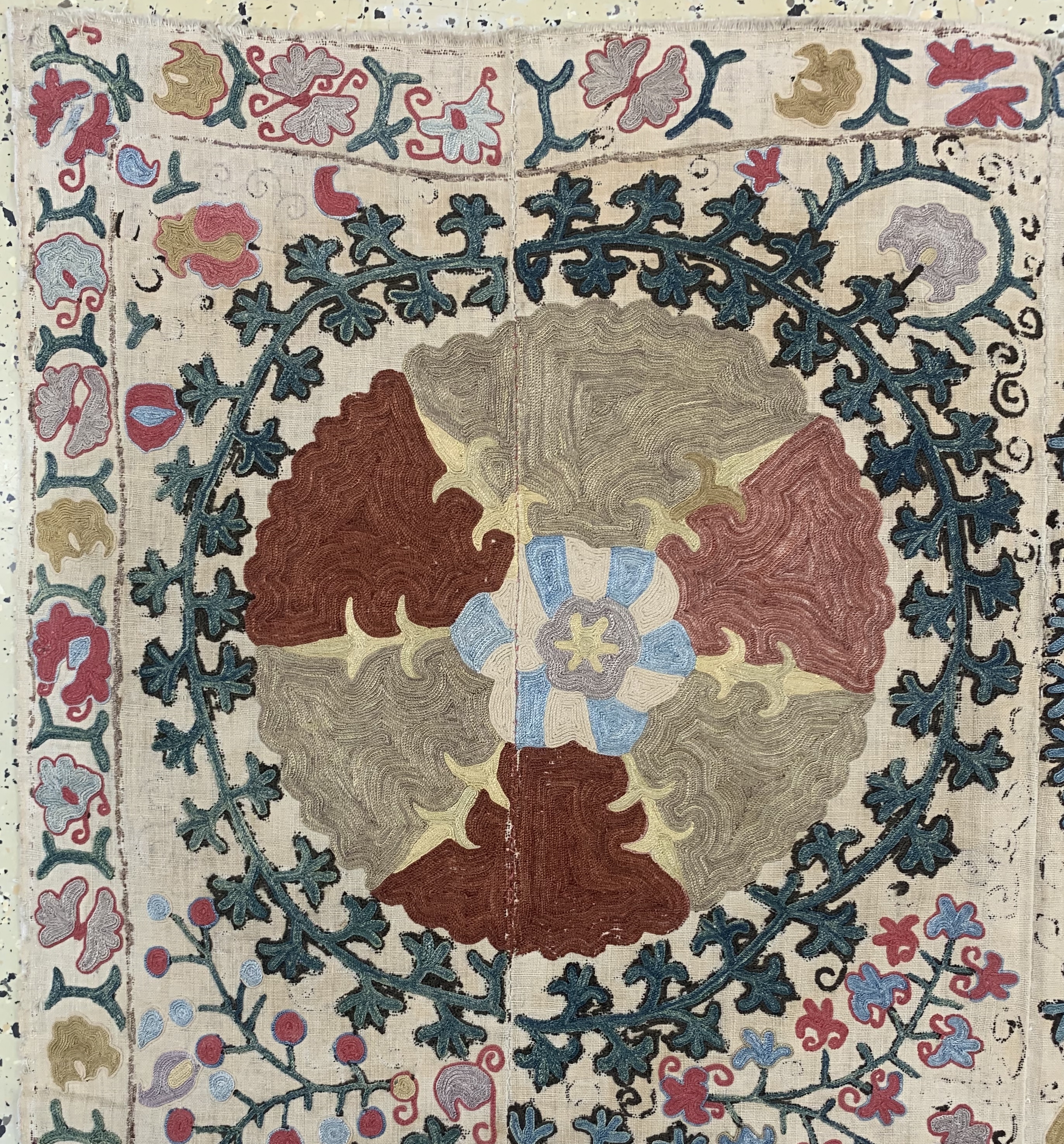 Detail e: Antike"Susani"Stickerei, Uzbekistan, 19.Jhd, Seidenstickerei auf Leinen, ca. 165 x 111 cm, EHZ: 3