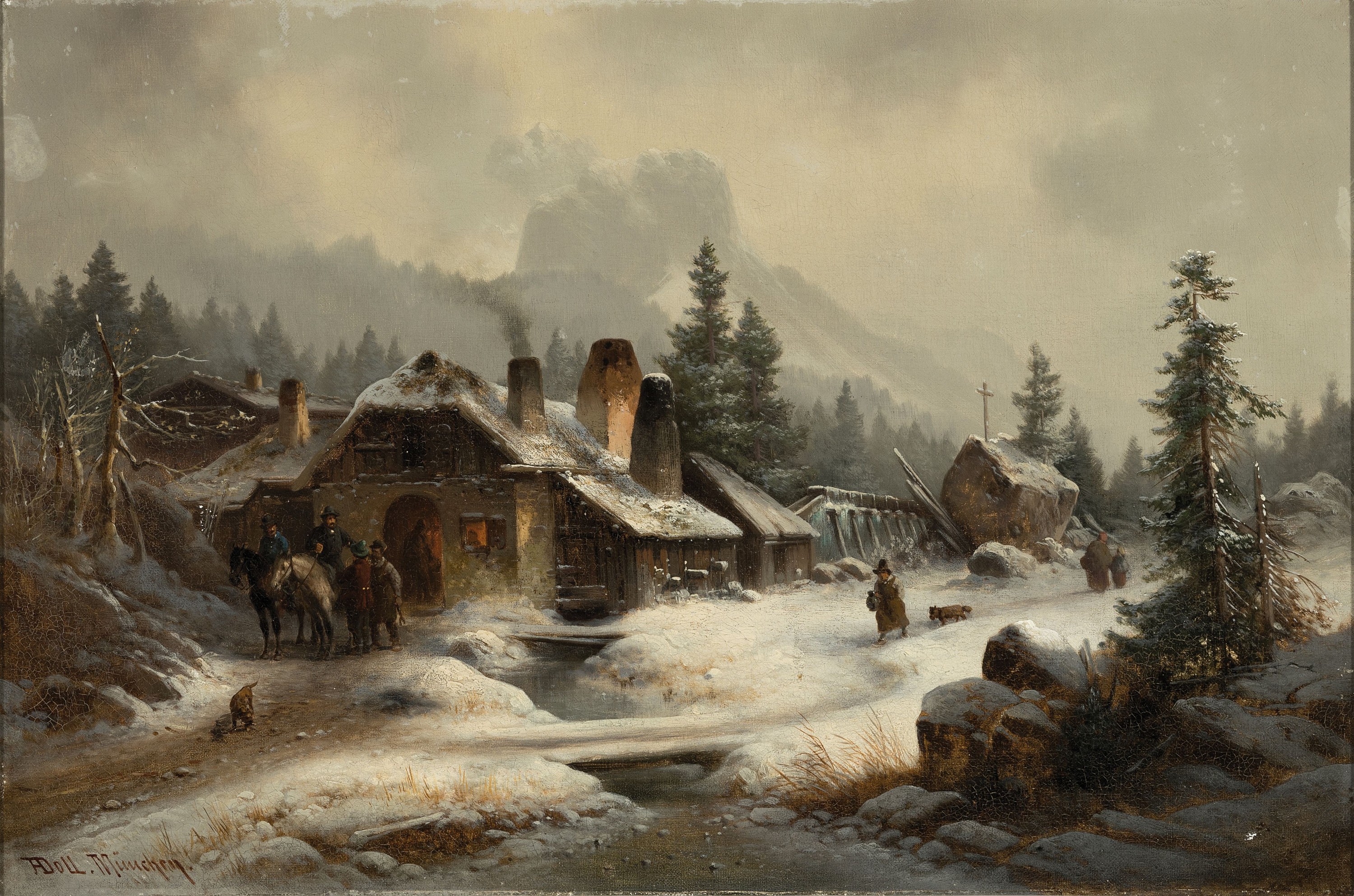 Anton Doll, 1826-1887 München, Tiroler Winterlandschaft links unten signiert A.Doll München, Öl/Lwd, verso auf Keilrahmen unleserlich bezeichnet ...