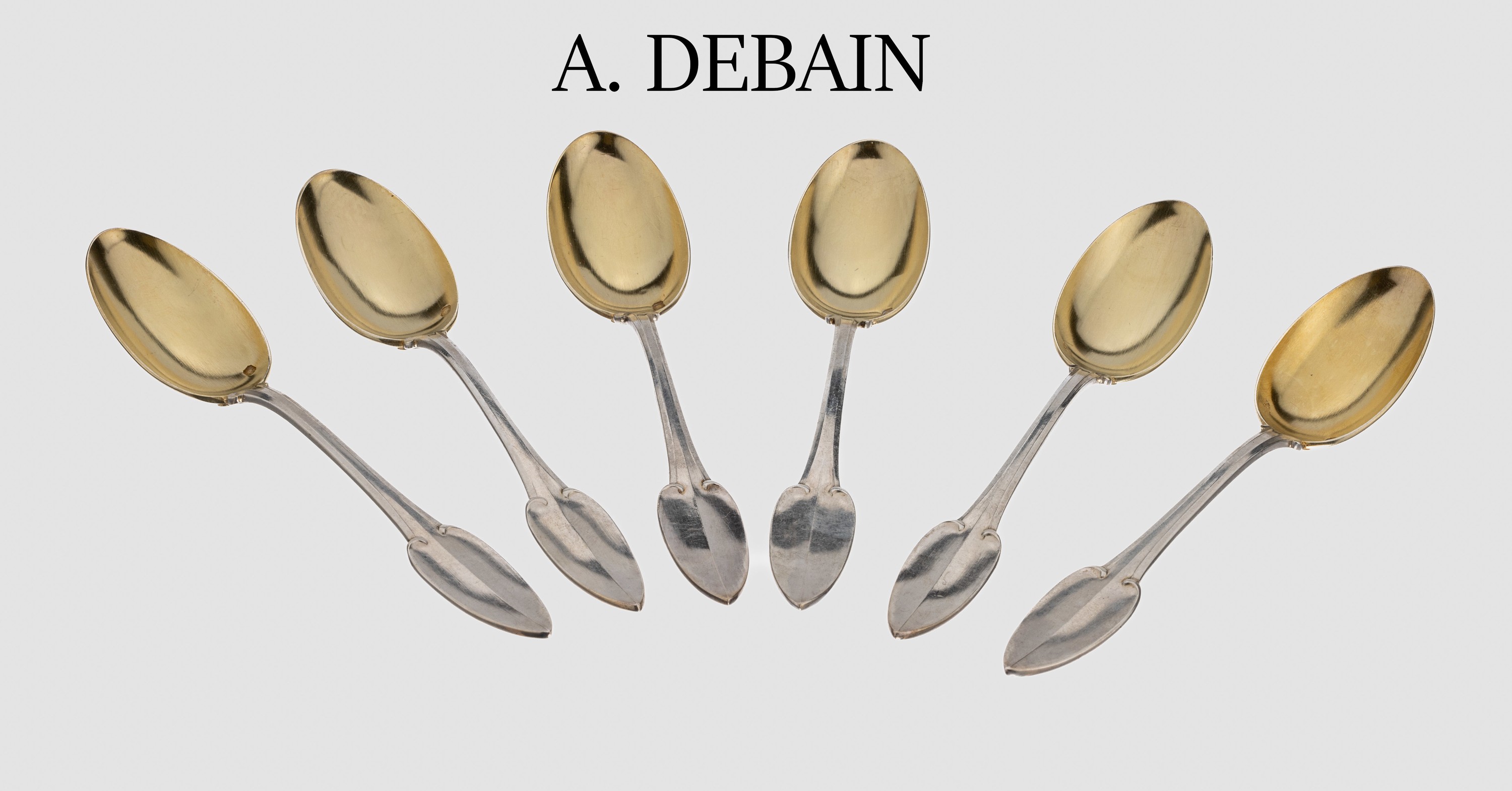 6 Dessert-/Kaffeelöffel, Frankreich um 1900, 950er Silber, Meistermarke A. DEBAIN, Laffen vergoldet, sparsamer floraler Dekor, hochwertige, ...