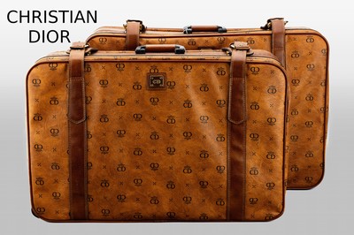 Image Lot 2 CHRISTIAN DIOR suitcase , leather, 2 canvas straps with buckle closure, 1 handle, ...