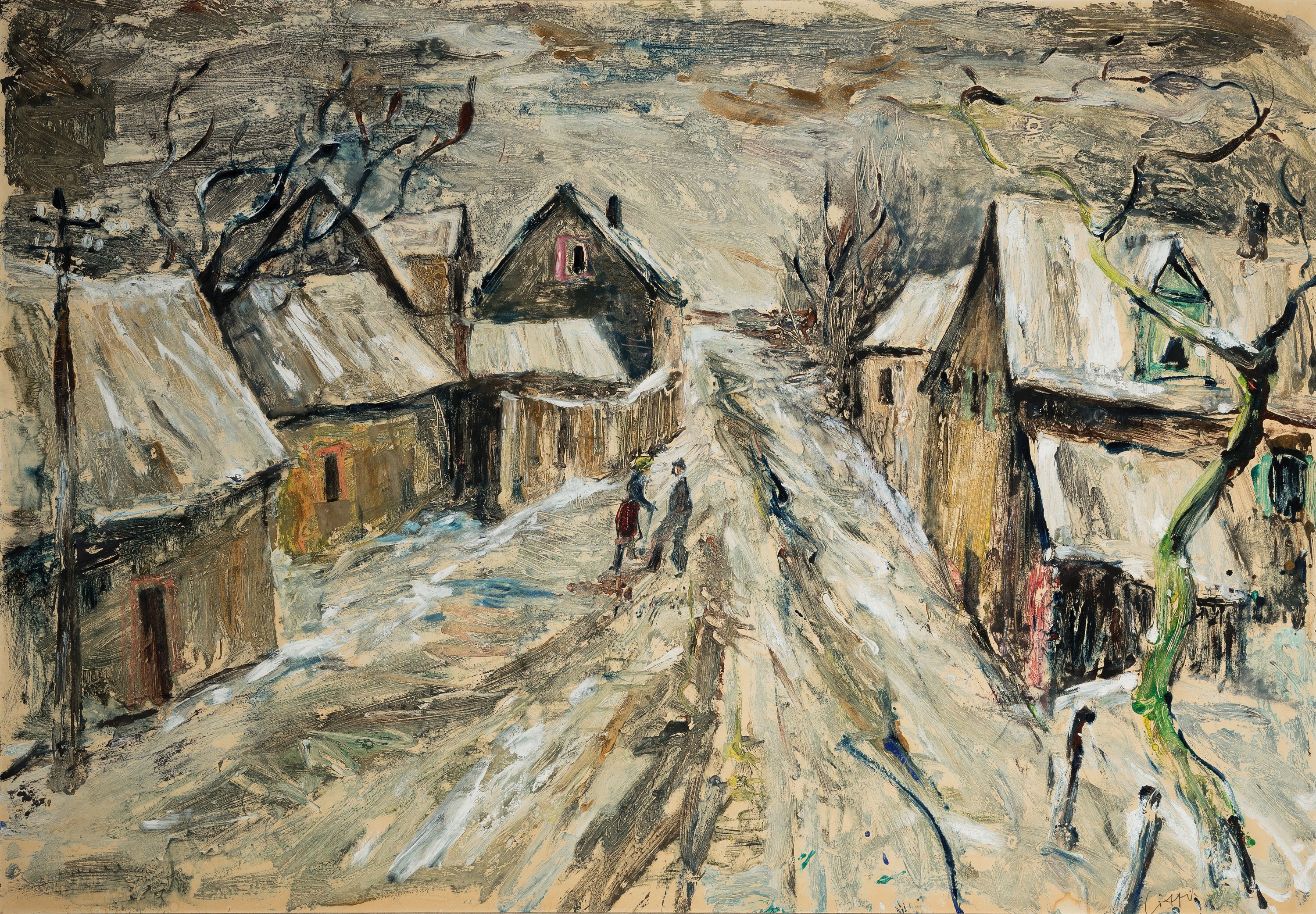 Paul Löffler, 1938-1995 Mannheim, Winterliche Landschaft mit verschneiter Dorfstraße, Öl/Hartfaser unter Einbeziehen des Plattenuntergrundes, ...