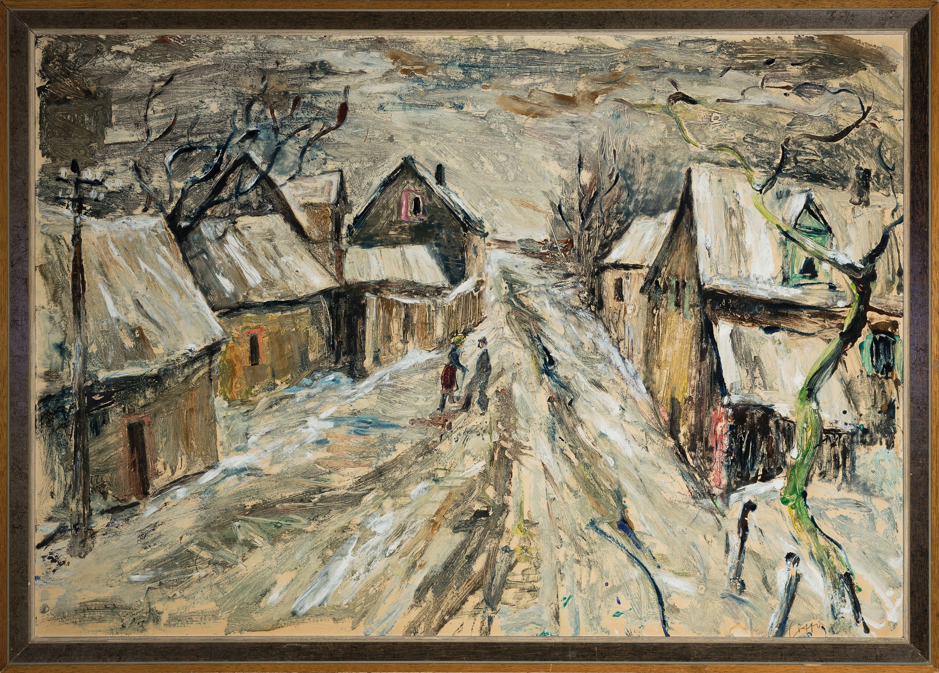 Detail k: Paul Löffler, 1938-1995 Mannheim, Winterliche Landschaft mit verschneiter Dorfstraße, Öl/Hartfaser unter Einbeziehen des Plattenuntergrundes, ...