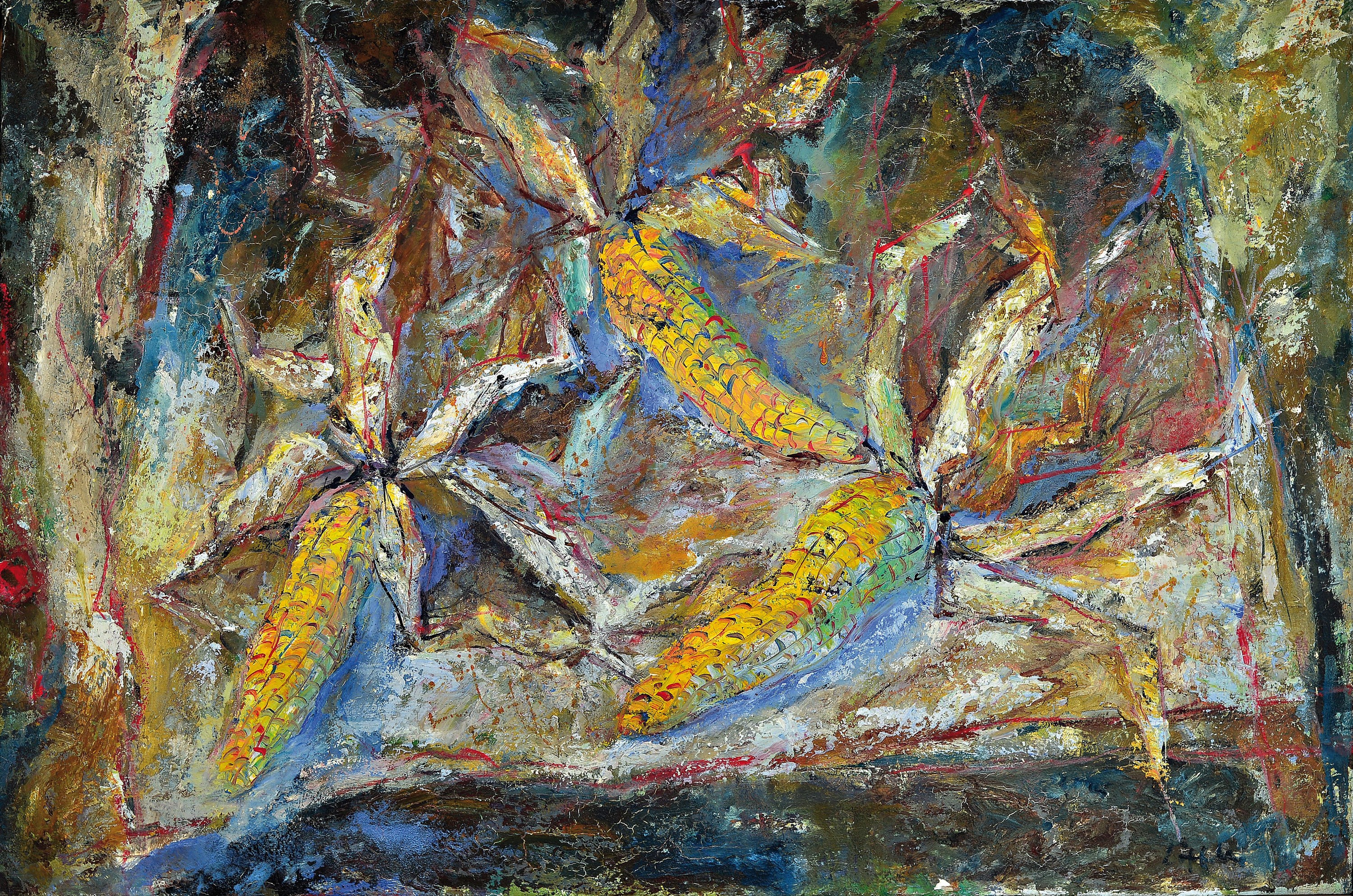 Paul Löffler, 1938-1995 Mannheim, Stillleben mit Maiskolben, Öl/Lwd, expressiver Pinselduktus, rechts unten signiert, ca. 60x90cm