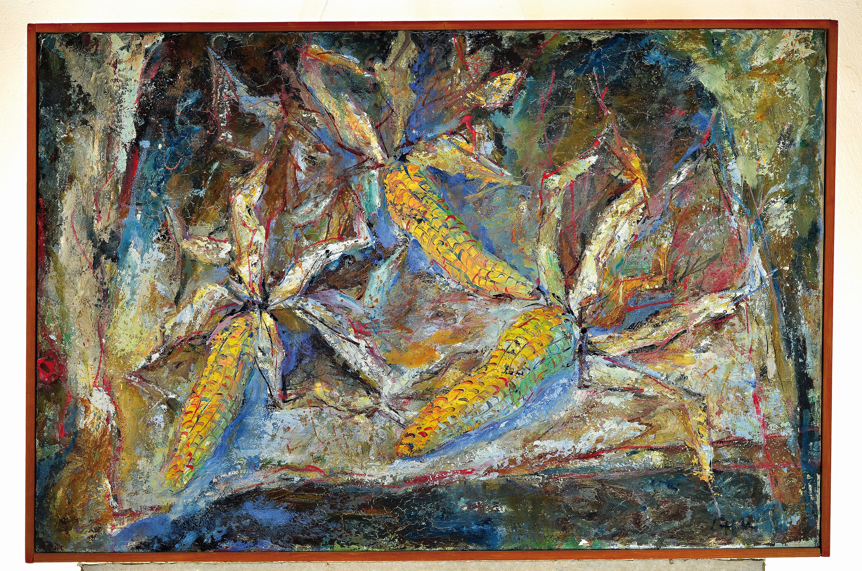 Detail k: Paul Löffler, 1938-1995 Mannheim, Stillleben mit Maiskolben, Öl/Lwd, expressiver Pinselduktus, rechts unten signiert, ca. 60x90cm