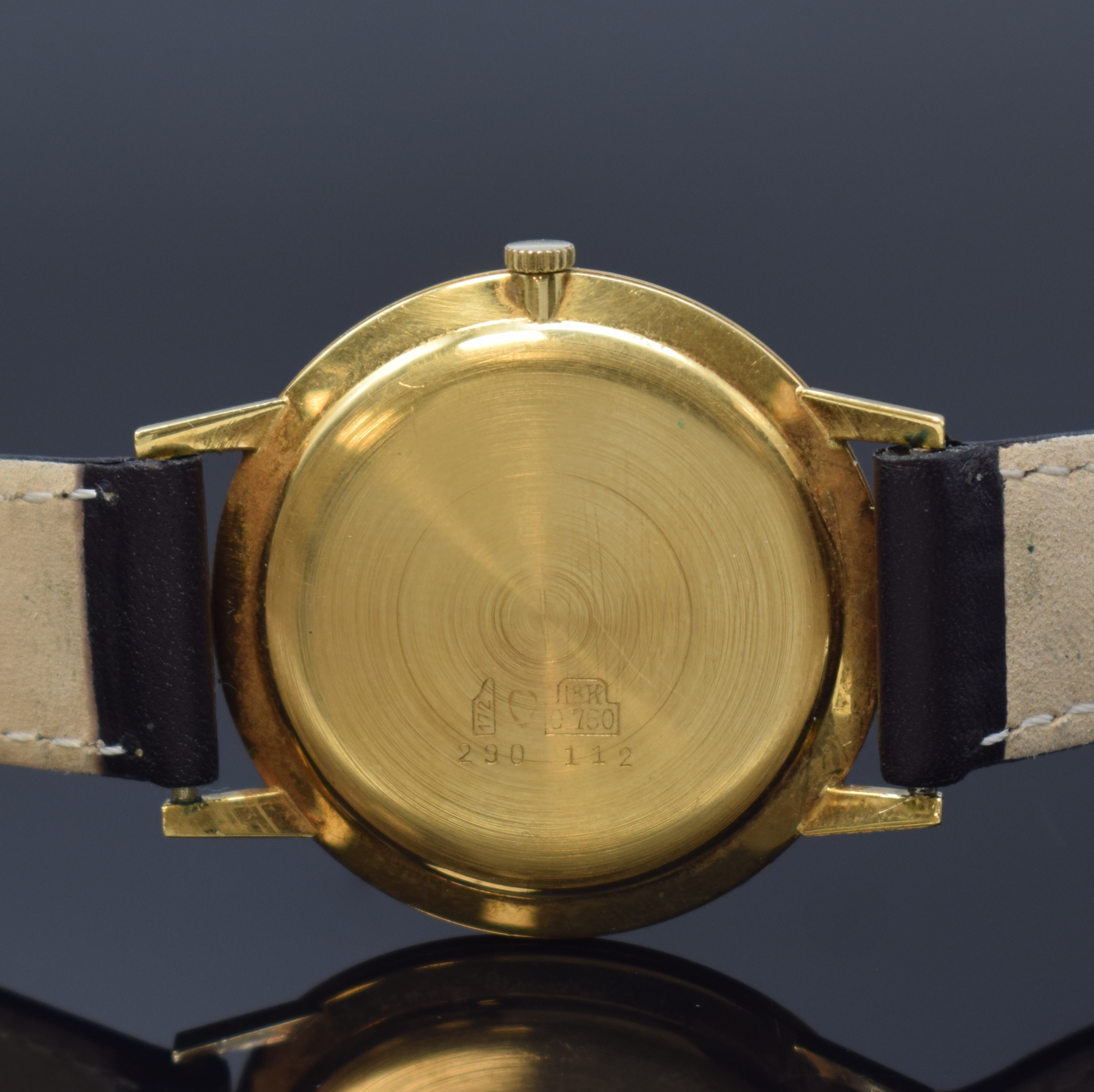 Detail c: GRUEN Herrenarmbanduhr in GG 750/000, Schweiz um 1965, Handaufzug, Glasrand aufgedr., silb. Zifferbl. m. 4 gold. Std.-Ind. , gold. Zeiger, Kal. AS ...