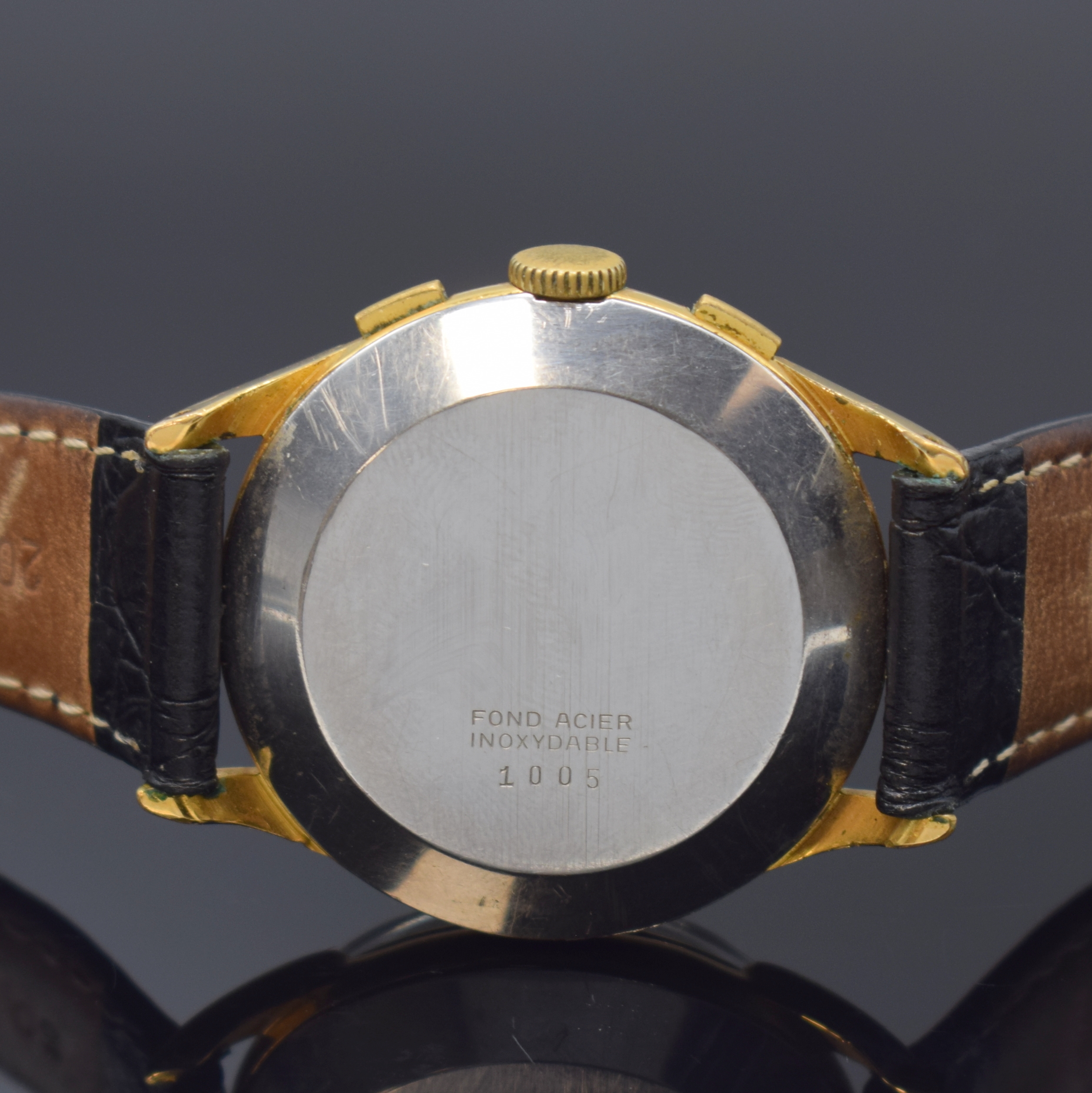 Detail c: PLYMOUTH Armbandchronograph, Schweiz um 1950, Handaufzug, verg. Geh., Edelstahlboden aufgedr., silb. Zifferbl. altersbed. fl., gold. arab. Zahlen, ...