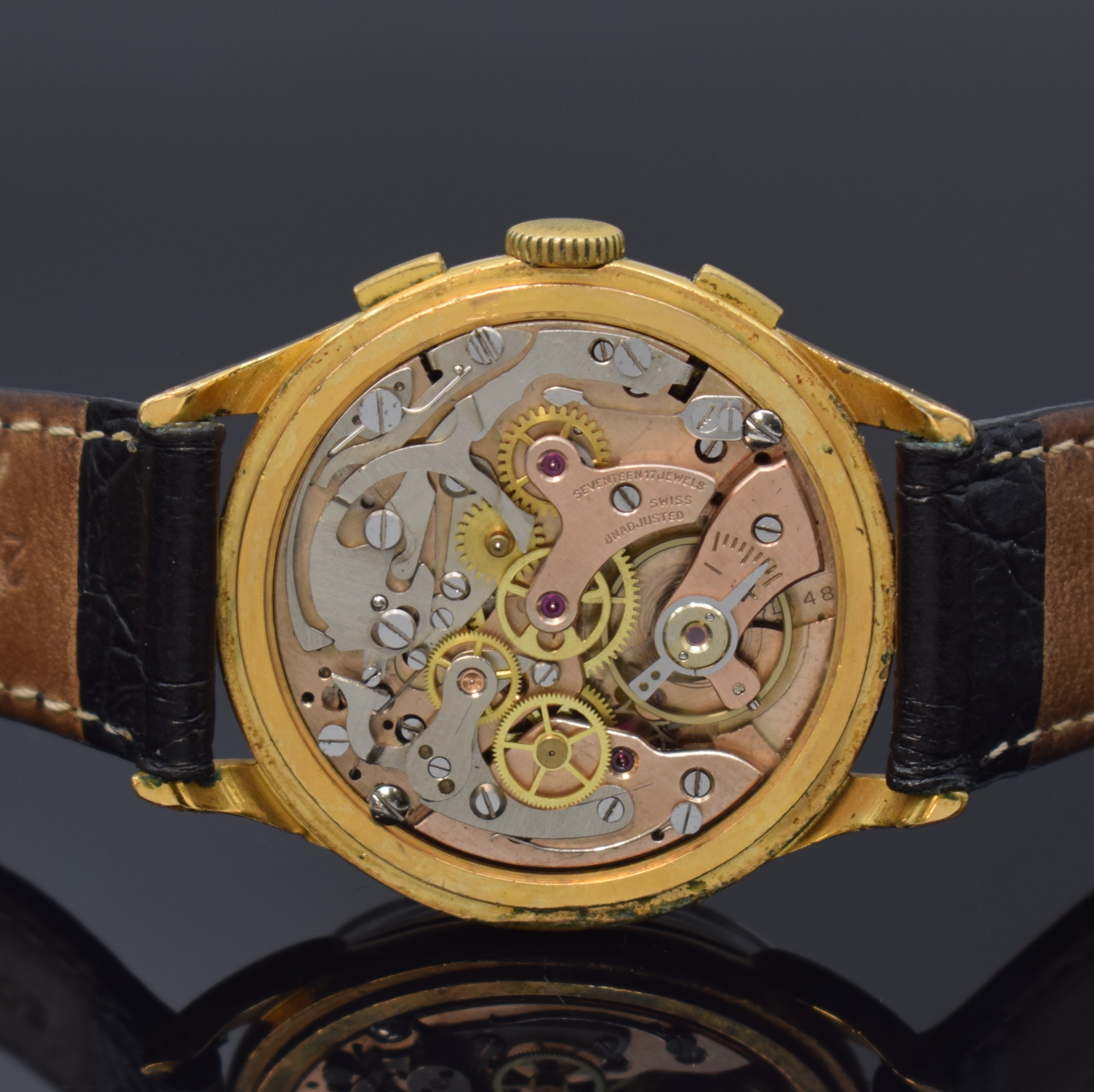 Detail d: PLYMOUTH Armbandchronograph, Schweiz um 1950, Handaufzug, verg. Geh., Edelstahlboden aufgedr., silb. Zifferbl. altersbed. fl., gold. arab. Zahlen, ...