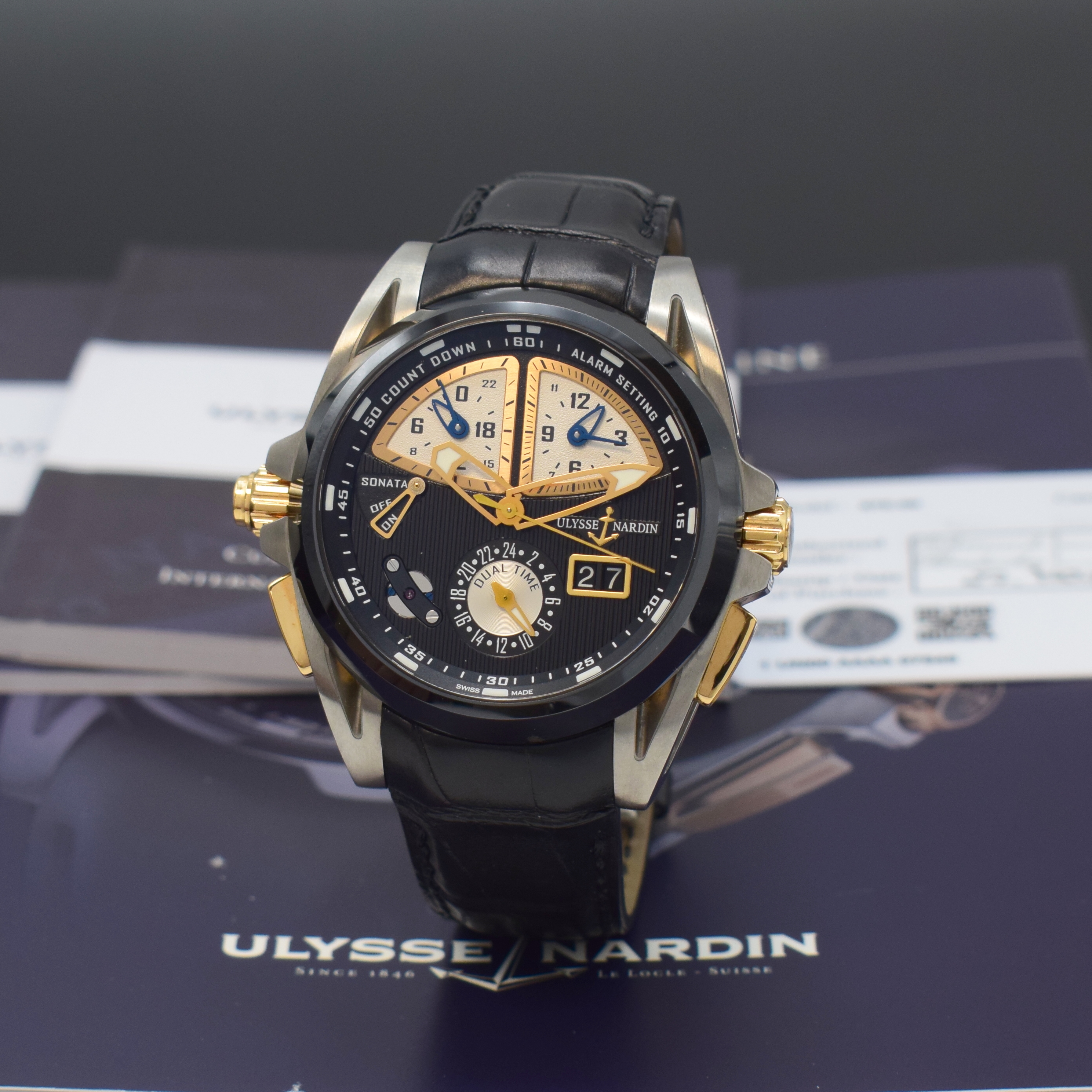 ULYSSE NARDIN sehr feine & seltene Herrenarmbanduhr Sonata Streamline Referenz 675-00, Automatik, Titangeh. inkl. orig. Lederband m. dopp. Faltschl., ...