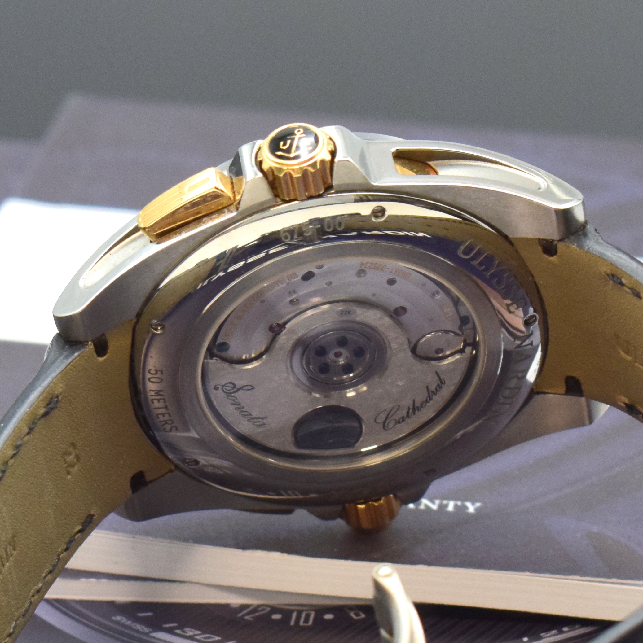 Detail e: ULYSSE NARDIN sehr feine & seltene Herrenarmbanduhr Sonata Streamline Referenz 675-00, Automatik, Titangeh. inkl. orig. Lederband m. dopp. Faltschl., ...