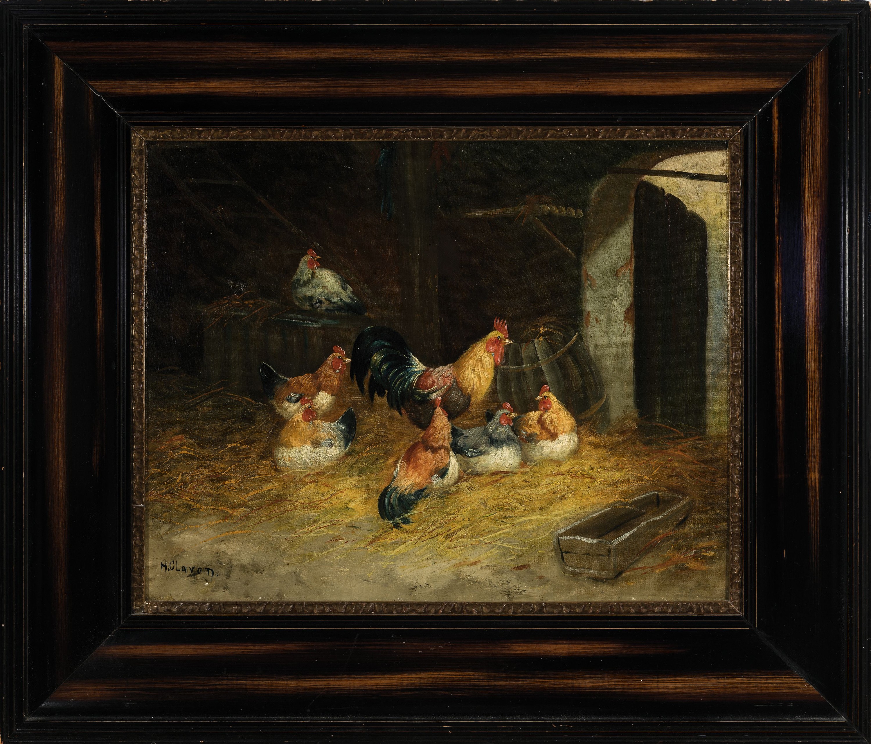 Detail k: sign. H. Clavon, Maler des ausgehenden 19. Jh., Hahn und Hühner im Stall, Öl/Lwd, rest., links unten signiert, ca. 40x50cm, R. ca. 63x73cm, ...