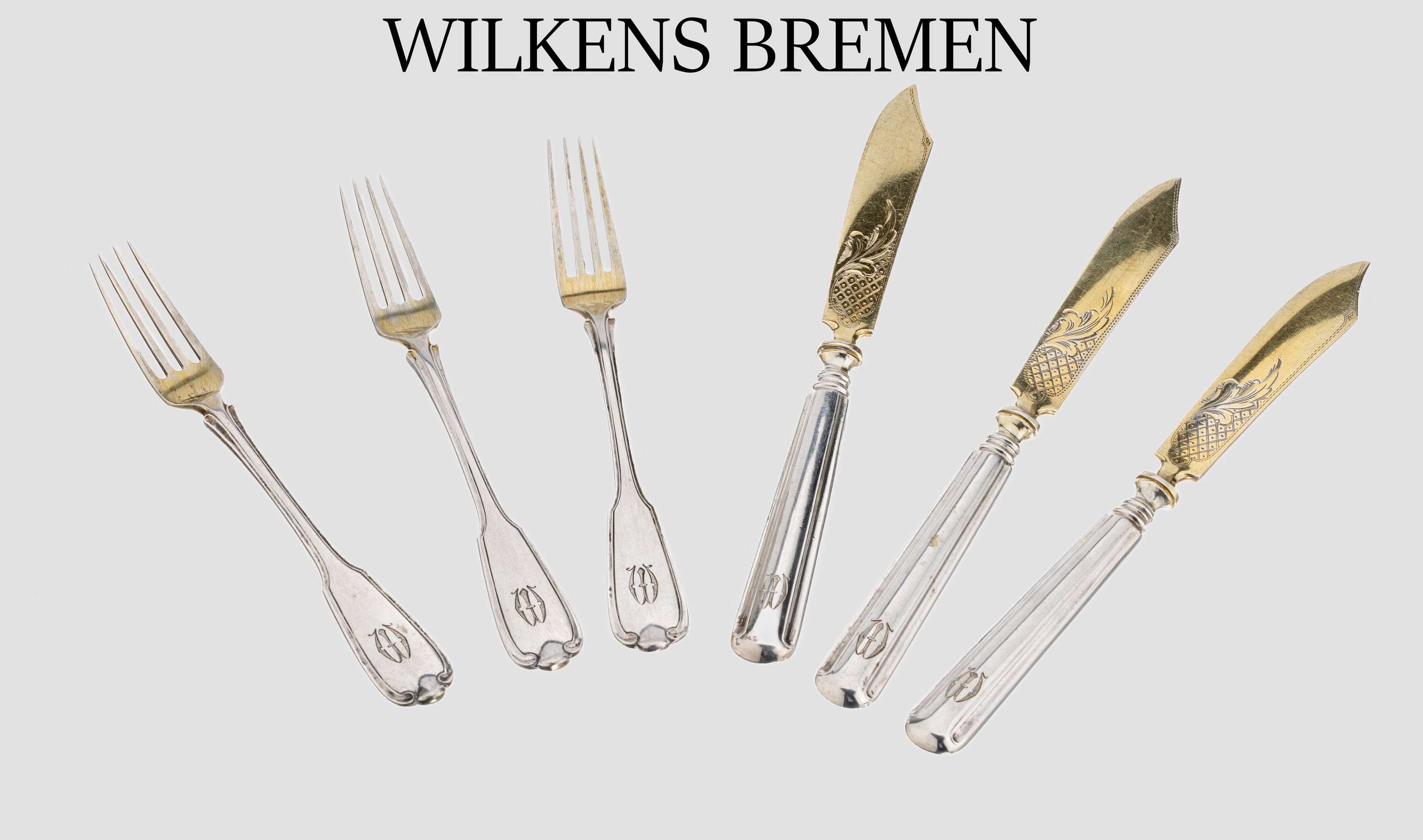 Obstbesteck, 800er Silber, 12 Messer und 9 Gabeln, teilverg., Klingen fein grav., Besitzermonogramm WI ligiert, Hersteller Wilkens/Bremen, Vertrieb ...