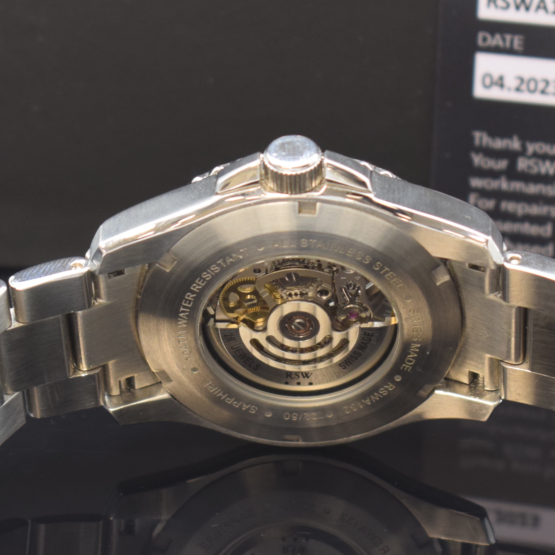 Detail c: RSW auf 50 Stück limitierte Herrenarmbanduhr in Stahl Referenz RSWA132, Schweiz verk. lt. beil. Garantie 04/2023, Automatik, beids. vergl. Geh. ...