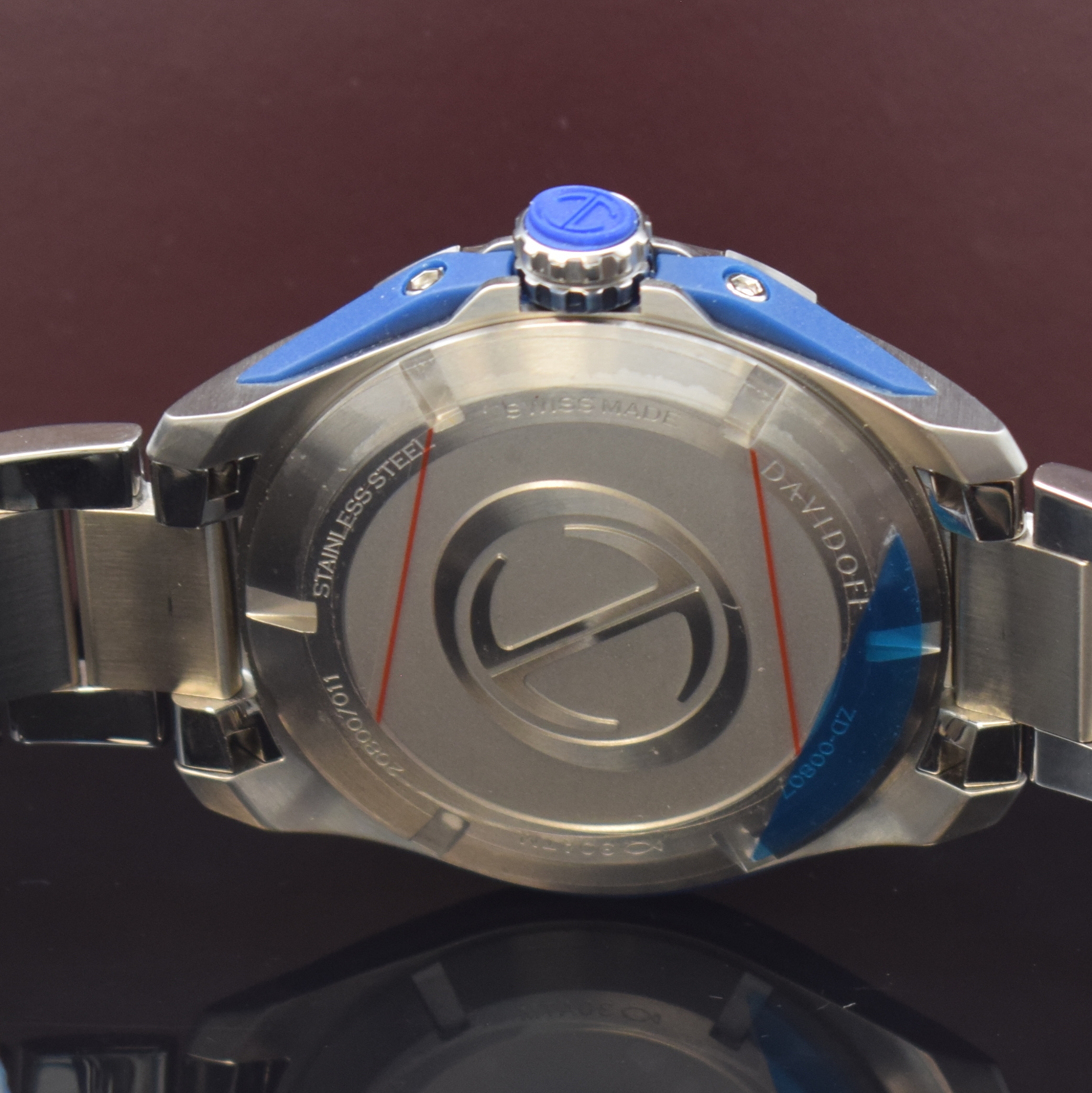 Detail d: DAVIDOFF Velocity Diver Herrenarmbanduhr in Stahl Referenz 22443, Schweiz um 2023, Automatik, orig. Gliederband inkl. Faltschl., Boden u. Krone ...