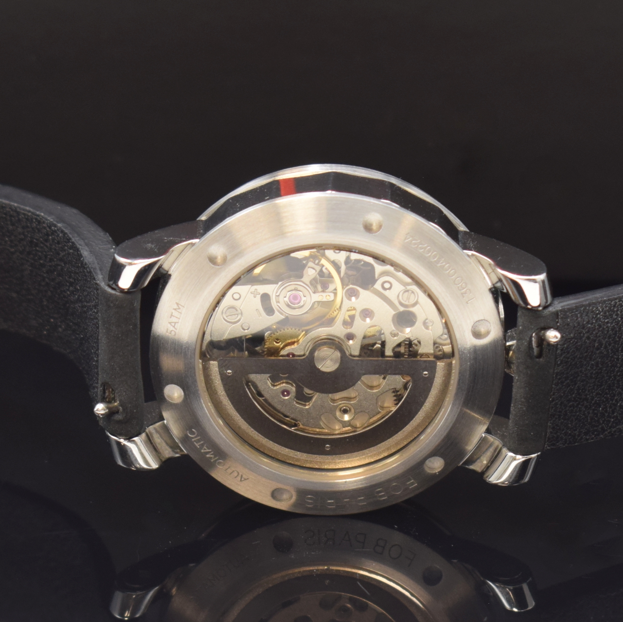Detail c: FOB Paris skelettierte Armbanduhr in Stahl, Frankreich um 2020, Automatik, beids. vergl. Geh., Boden verschr., Lederband inkl. orig. Dornschl., ...